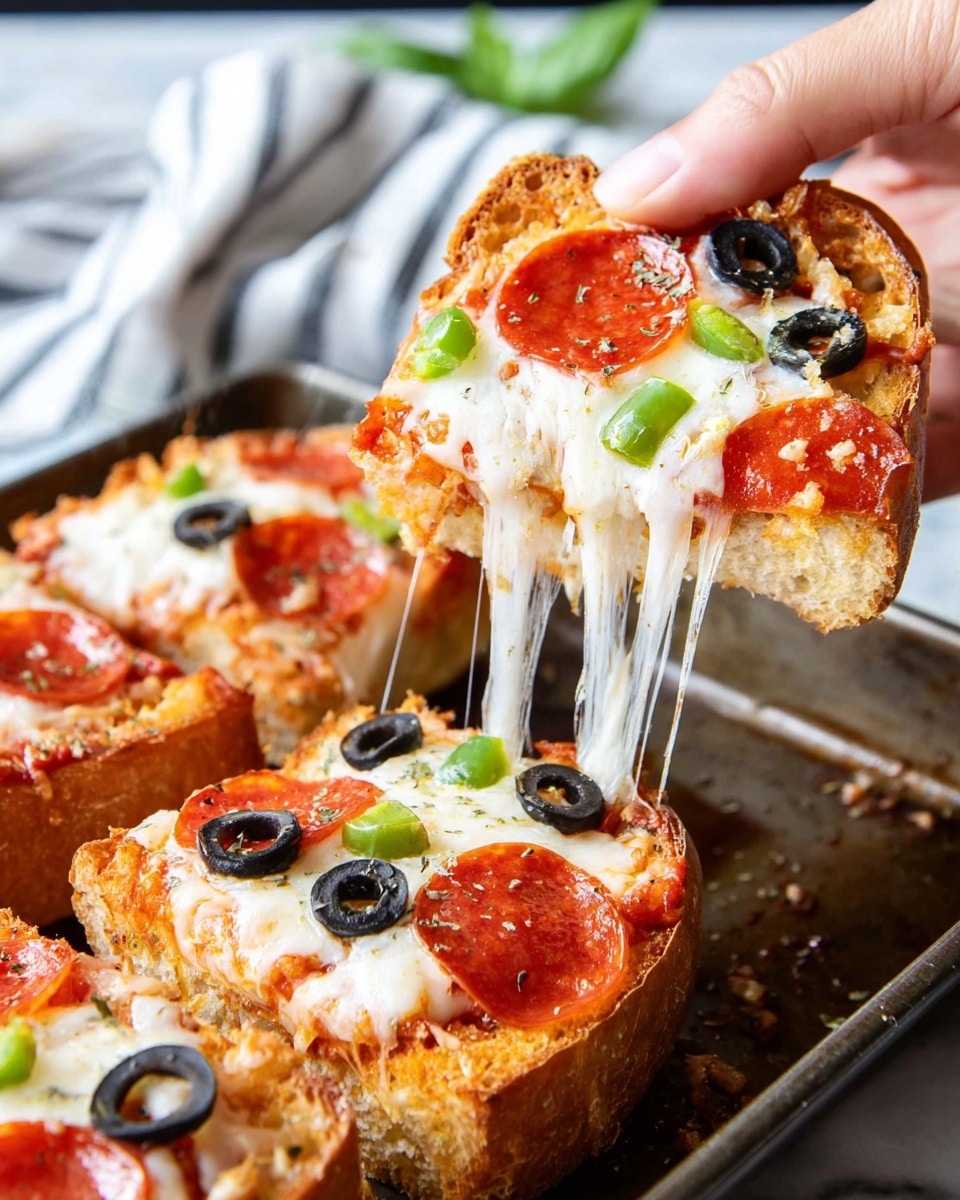 A close-up of a slice of pizza bread being lifted by a woman's hand, showing melted white cheese stretching from a square bread base topped with bright red pepperoni slices, small black olive rings, and green bell pepper pieces. The toasted bread has a golden-brown crust with visible herbs and a layer of reddish tomato sauce beneath the cheese. The background features a white marbled texture with a blurred striped cloth and some green leaves out of focus. The pizza bread rests on a dark metal baking tray. photo taken with an iphone --ar 4:5 --v 7