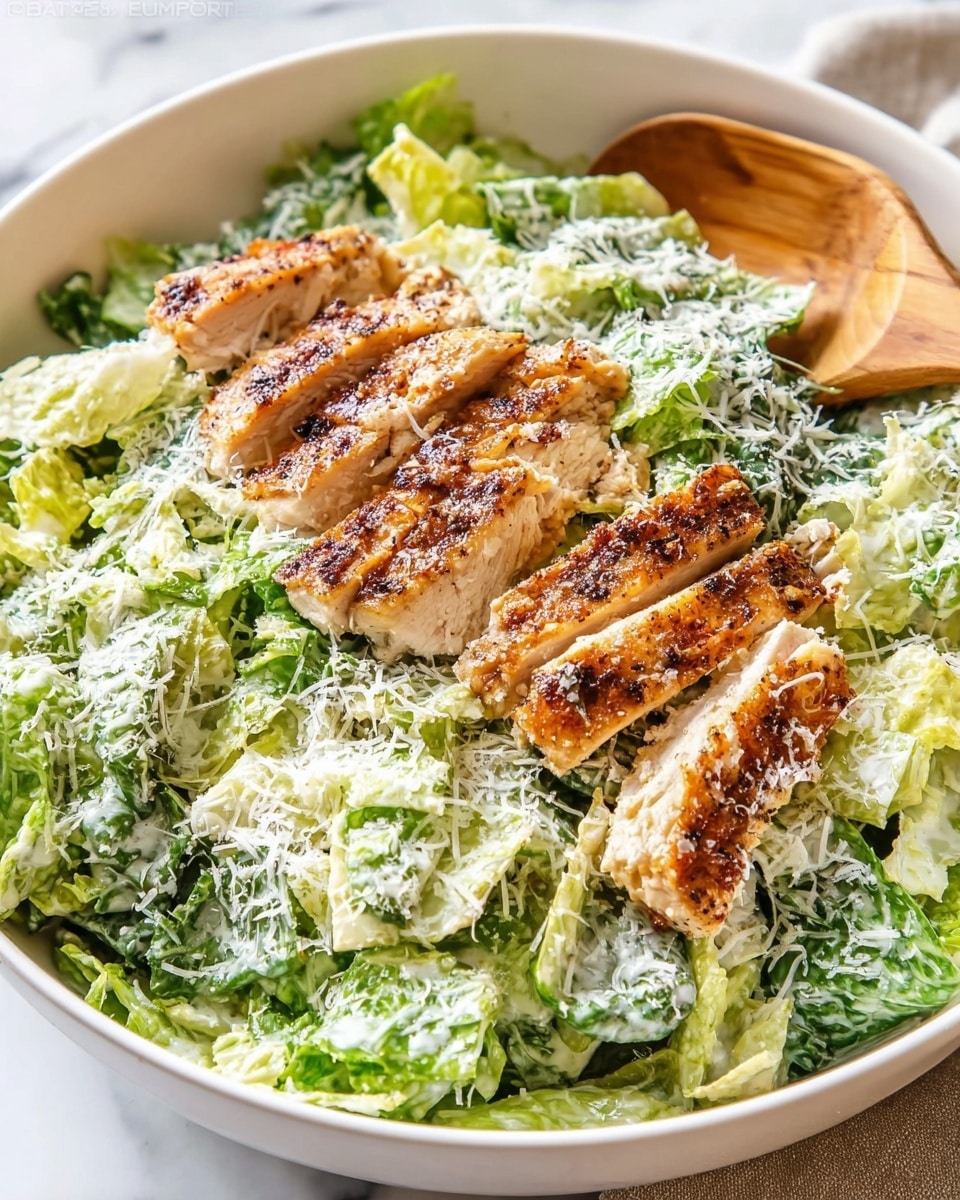 A white bowl filled with a base layer of chopped green lettuce, displaying a fresh, leafy texture with light and dark green shades. On top, two pieces of sliced grilled chicken breast are placed, showing a golden brown, slightly crispy exterior with visible grill marks. The chicken is topped with a sprinkling of finely grated white cheese, adding a delicate textured contrast over both the chicken and lettuce. A wooden spoon rests on the side inside the bowl, all set against a white marbled surface. Photo taken with an iphone --ar 4:5 --v 7