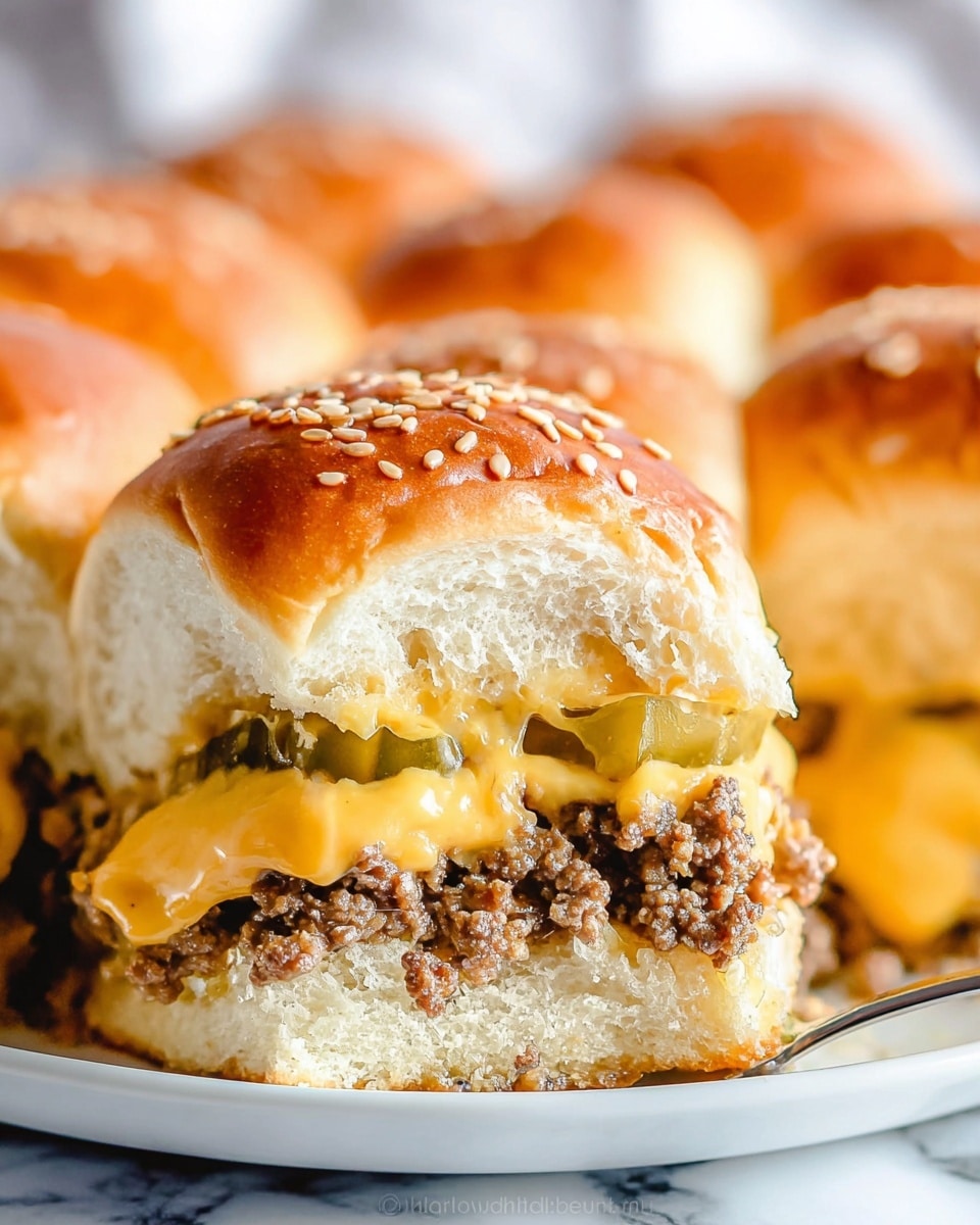A close-up image of a group of five soft, golden-brown sandwich sliders topped with sesame seeds, arranged in a white dish. One slider is slightly pulled apart, revealing its layers: a top bun with a shiny, smooth surface; beneath it, a layer of bright yellow melted cheese covering crumbled ground beef with a moist texture; topped with a few green pickle slices. The bottom bun is fluffy and white. The entire dish sits on a white marbled surface with a blurred pink cloth in the background. Photo taken with an iphone --ar 4:5 --v 7