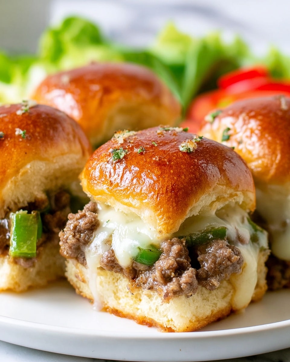 The image shows a close-up of four slider sandwiches on a white plate against a white marbled surface. Each slider has a shiny, golden-brown top bun sprinkled with small bits of seasoning. Inside, there is a thick layer of cooked ground meat mixed with green bell pepper pieces, topped with melted, gooey cheese that peeks out slightly from under the top bun. The bottom bun is soft and light in color, contrasting with the rich fillings. In the background, some green leafy lettuce and a small hint of red vegetable add a fresh touch. Photo taken with an iphone --ar 4:5 --v 7