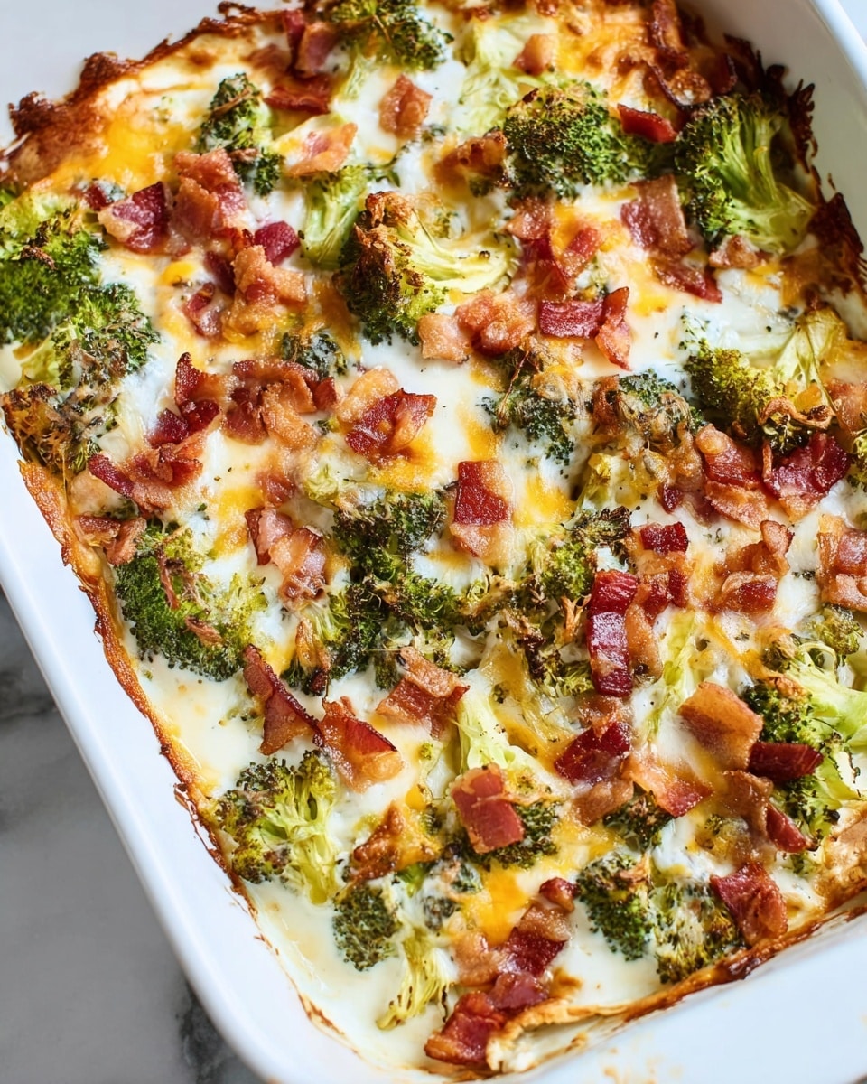 A white rectangular baking dish holds a layered casserole. At the bottom is a creamy sauce visible around the edges, topped with tender broccoli florets that give a dark green, textured look. Over the broccoli lies a golden-yellow and white mix of melted cheese, spread unevenly, with crispy brown bacon pieces scattered across. The cheese has started to brown slightly at the edges of the dish, adding a crispy texture. The casserole looks hot and gooey with a rich mix of green, yellow, white, and brown colors all melted together. The dish sits on a white marbled surface. photo taken with an iphone --ar 4:5 --v 7