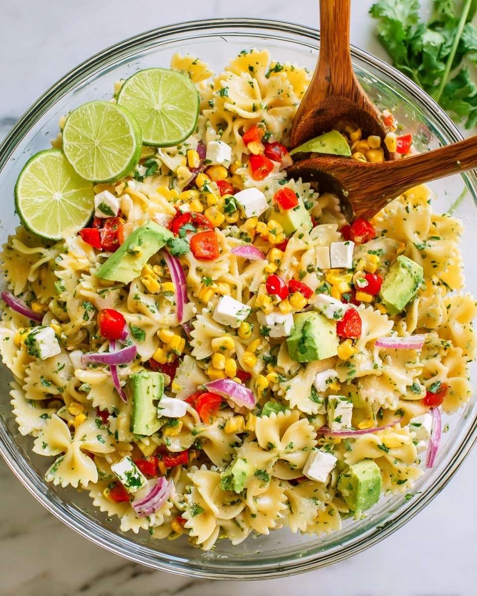 A clear glass bowl filled with a colorful pasta salad sits on a white marbled surface. The salad has layers of bow-tie pasta that are pale yellow, mixed with small bright yellow corn kernels, red bell pepper pieces, and white cheese cubes. There are slices of green lime placed around, and thin purple onion rings on top. Fresh green cilantro leaves and bits of herbs are scattered throughout the salad. Two wooden spoons rest in the bowl, partly covered by the colorful salad. photo taken with an iphone --ar 4:5 --v 7