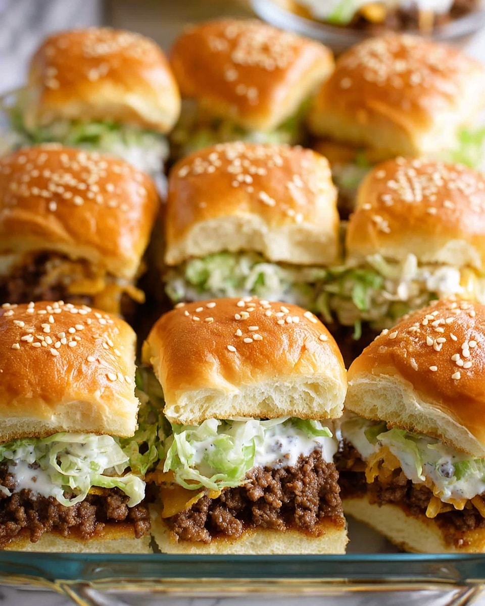 This image shows a glass tray filled with nine soft, golden brown sandwich buns arranged in three rows of three. Each sandwich has three visible layers: the top layer is the golden bun with a shiny surface and sesame seeds sprinkled on it, the middle layer is green shredded lettuce mixed lightly with some sauce, and the bottom layer is a thick portion of seasoned cooked ground beef resting on the lower half of the soft bun, which is a light golden color with a soft texture. The tray sits on a white marbled surface, creating a clean and bright background. Photo taken with an iphone --ar 4:5 --v 7