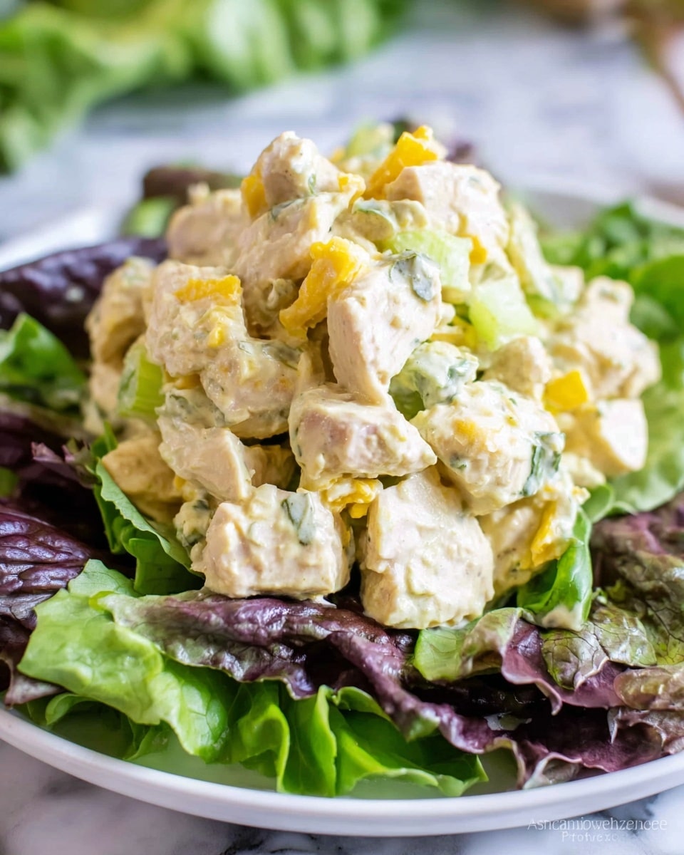 The image shows a white plate with a bed of mixed leafy greens at the bottom, including dark green and purple leaves with a fresh, slightly crinkled texture. On top of the greens is a generous mound of creamy chicken salad with chunky pieces of light beige cooked chicken mixed with pale green celery slices and golden raisins, all coated in a thick, creamy dressing with a pale yellow tint. The chicken salad sits in a loose heap, with visible textures of soft chicken and crunchy celery. The background features a white marbled surface, soft and clean. Photo taken with an iphone --ar 4:5 --v 7