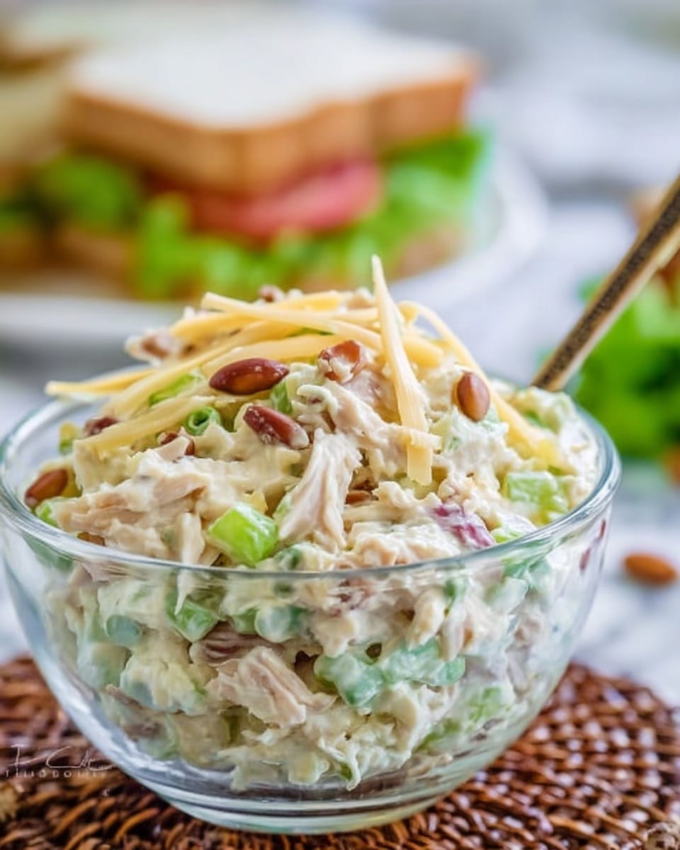 A clear glass bowl filled with a creamy chicken salad that has visible chunks of white chicken meat mixed with small green peas and light green celery pieces, topped with shredded pale cheese and scattered brown pine nuts. A silver spoon handle extends from the left side of the bowl. In the blurred background, a white sandwich with green lettuce, red tomato slices, and light bread rests on a white marbled surface. The overall colors are light and fresh, highlighting the texture of the creamy salad and crunchy toppings. Photo taken with an iphone --ar 4:5 --v 7
