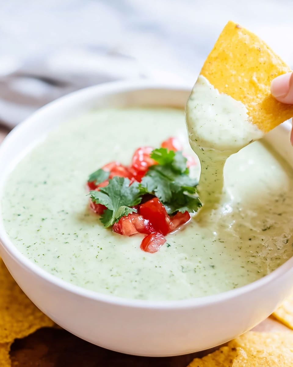 A close-up view of a bowl filled with smooth, light green creamy dip, with small dark green specks throughout its texture, topped in the center with a few vibrant red cherry tomato pieces and fresh green cilantro leaves. At the left side of the image, a triangular yellow chip is dipping into the creamy sauce, showing the dip coating the chip's edge. The bowl is white and set against a white marbled surface, with a blurred checkered cloth in the background. photo taken with an iphone --ar 4:5 --v 7