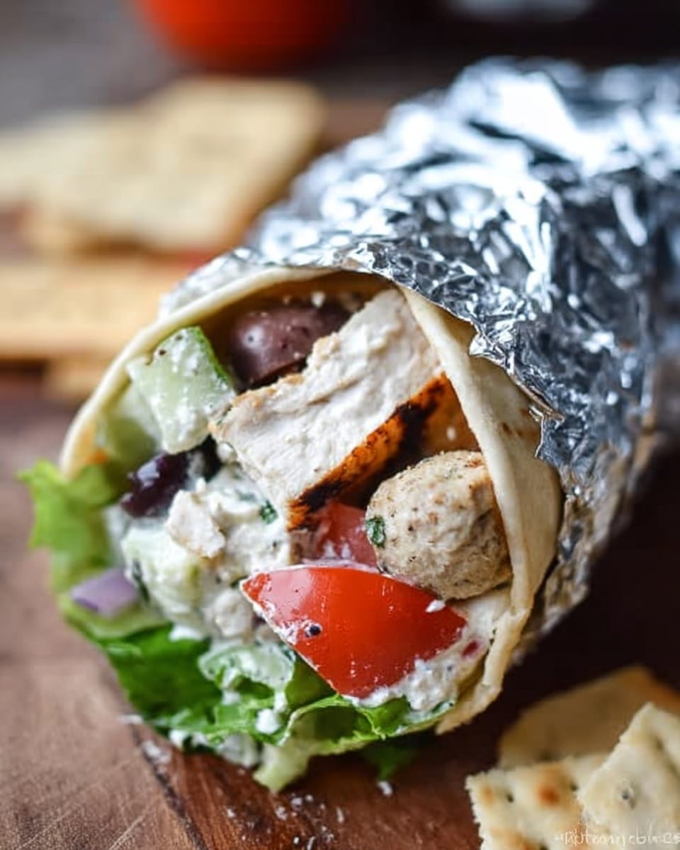 The image shows a close-up of a thick wrap partially covered in crinkled aluminum foil, resting on a wooden surface with blurred crackers in the background. The wrap is tightly rolled with visible layers including a light beige soft flatbread as the outermost layer, followed by a creamy white sauce spreading inside. Inside, there are chunks of white chicken meat, green leafy lettuce, small round falafel pieces with a crumbly texture, slices of bright red cherry tomatoes, small black olives, and cucumber pieces, all packed closely together creating a colorful mix of textures and colors. photo taken with an iphone --ar 4:5 --v 7