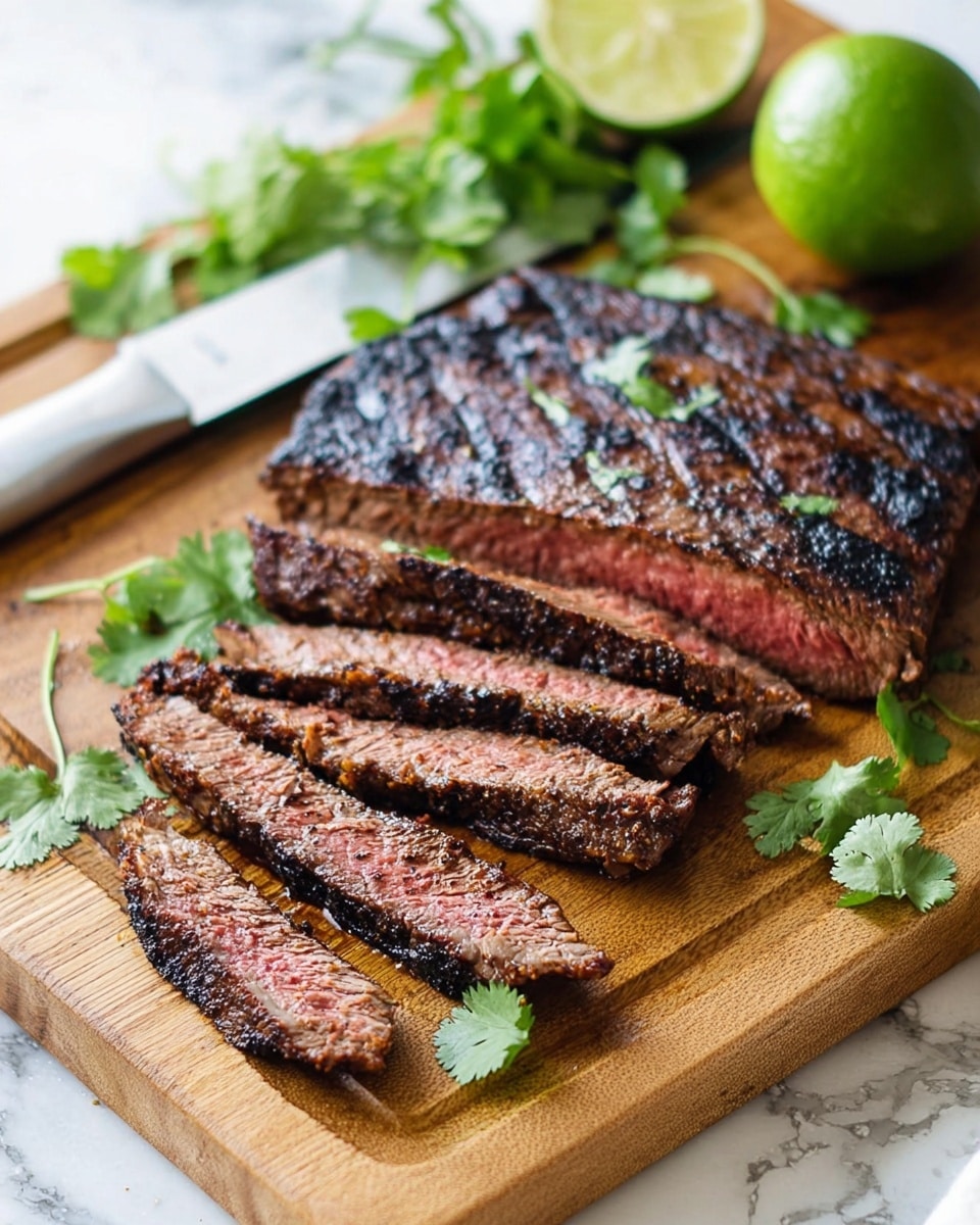 A wooden cutting board holds a grilled steak that is sliced halfway through into five pieces, showing a pink, juicy inside with a dark brown, slightly charred outside crust. A whole green lime sits near the top center of the board, and fresh green cilantro sprigs are scattered around the edges. A silver knife is resting at the top of the board with part of the blade visible. The scene is set on a white marbled surface. photo taken with an iphone --ar 4:5 --v 7