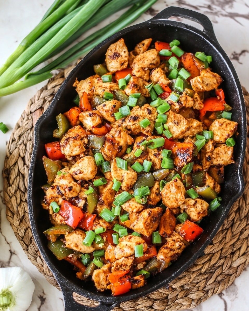 A black skillet filled with cooked chicken pieces with a light brown, slightly charred texture, mixed with diced red and green bell peppers that have a shiny, soft look. The dish is topped with chopped green onions in bright green shades for a fresh touch. The skillet sits on a white marbled textured surface with some whole green onions placed nearby. photo taken with an iphone --ar 4:5 --v 7