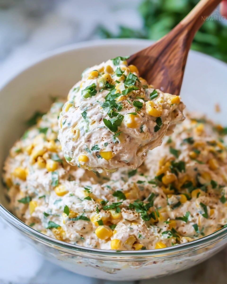 A close-up view of a creamy, chunky mixture being lifted by a wooden spoon from a clear glass bowl. The mixture has a light beige base with visible pieces of yellow corn, small green vegetable bits, and darker seed-like textures throughout. It is topped with scattered fresh green herbs and spices, giving it a speckled look. The bowl sits on a surface with a white marbled texture. photo taken with an iphone --ar 4:5 --v 7