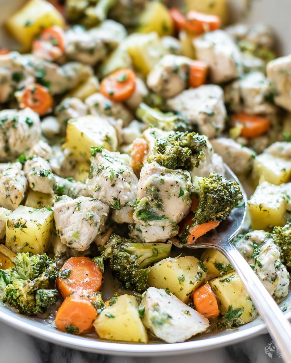 The image shows a close-up of a colorful roasted chicken and vegetable dish in a white pan. The dish has three main layers mixed together: chunks of white chicken breast with a light herb sauce, bright green broccoli florets, and small yellow potato cubes with bits of fresh parsley sprinkled on top. Scattered baby carrots add a pop of bright orange color among the other ingredients. A silver fork stirs the dish from the right side, lifting a mix of chicken, broccoli, and potato. The whole scene sits on a white marbled surface with soft natural light highlighting the fresh textures and colors. Photo taken with an iphone --ar 4:5 --v 7