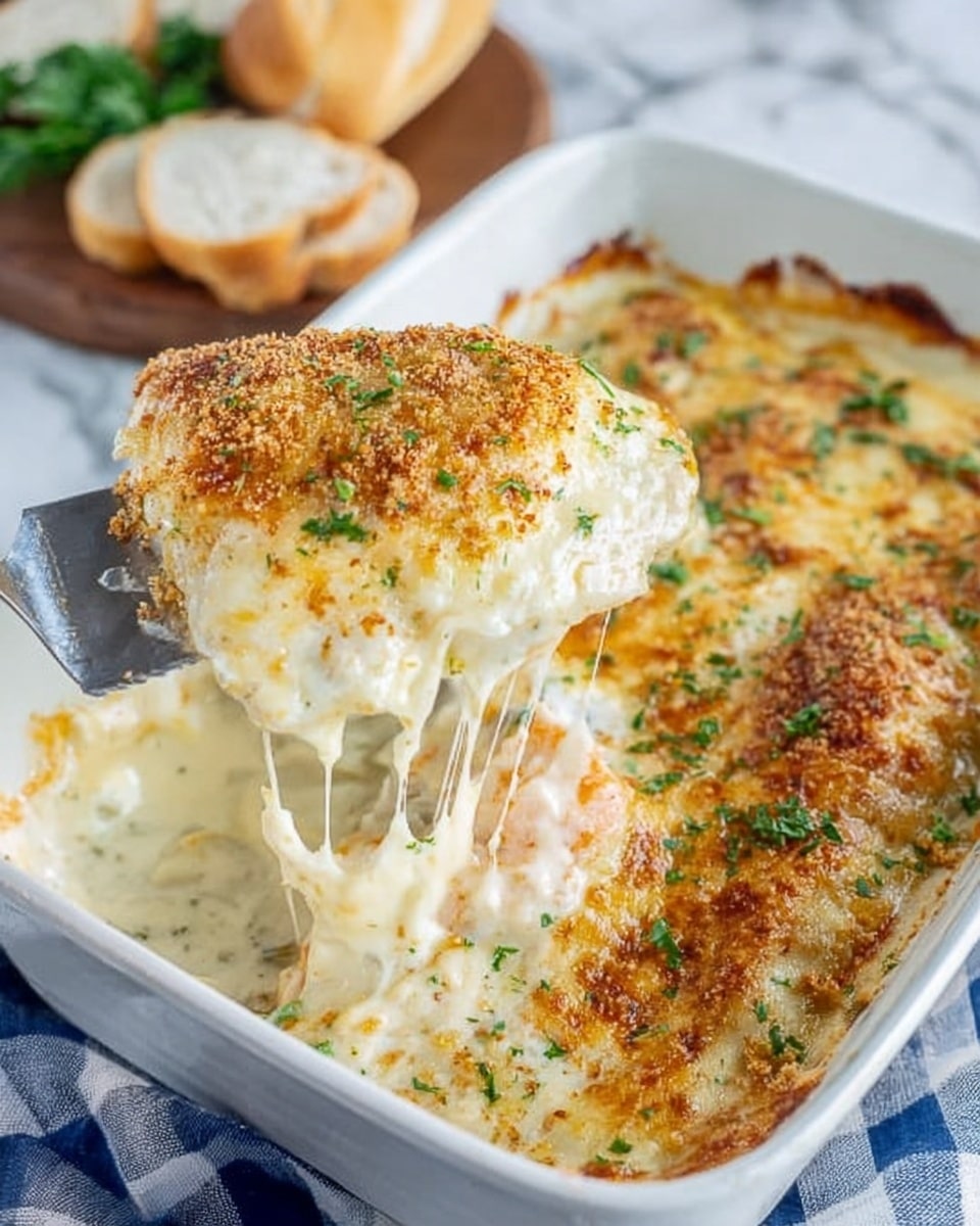 A white ceramic baking dish holds a hot baked casserole with two main layers visible: the bottom creamy white sauce filled with mushrooms, and the upper golden brown crispy breadcrumb and cheese topping sprinkled with green herbs. A silver spatula lifts a portion to show the creamy layer stretching with melted cheese and mushroom pieces. The dish sits on a woven placemat with soft natural light highlighting its texture, with a white marbled surface background. photo taken with an iphone --ar 4:5 --v 7