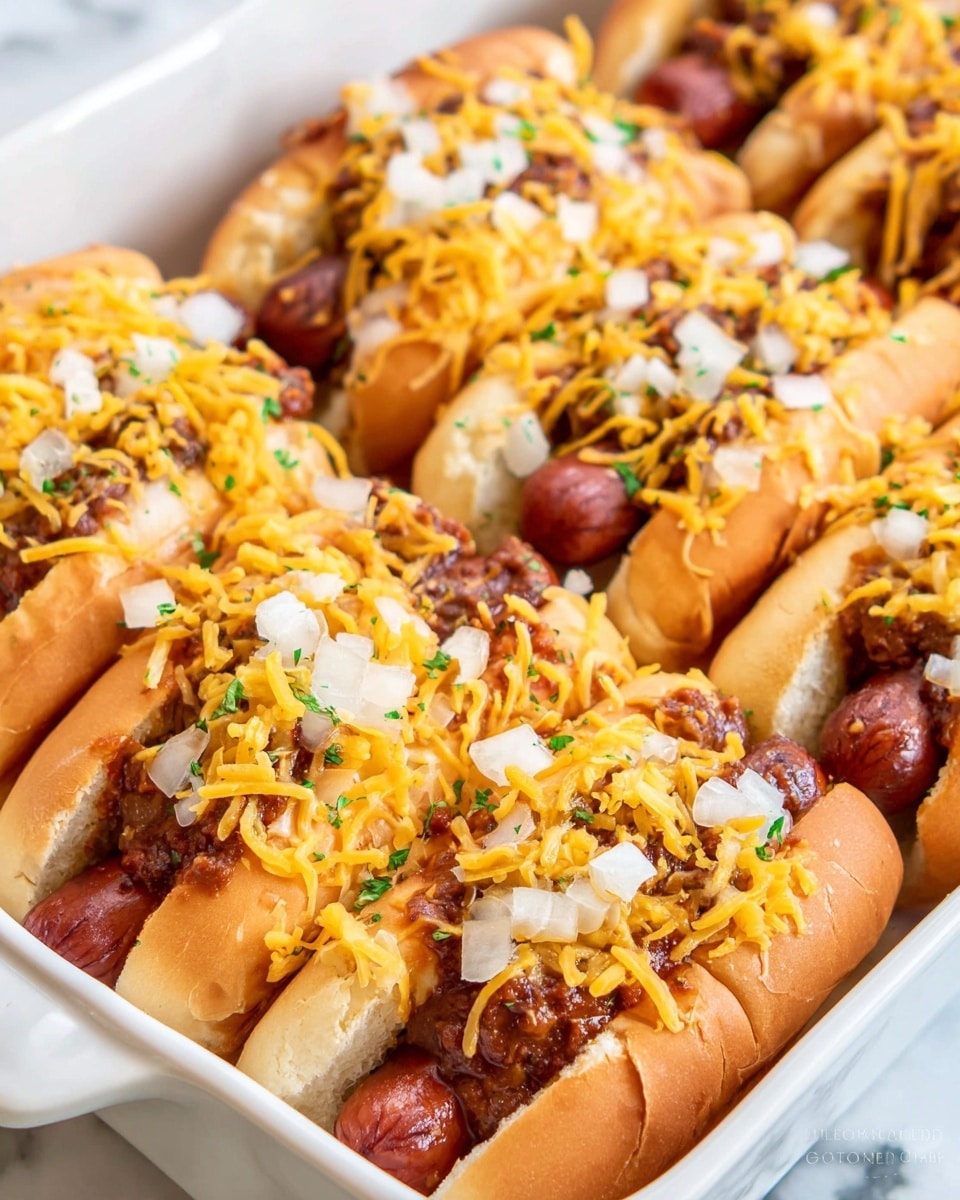 A close-up view of a white baking dish filled with two rows of hot dogs in soft buns. Each hot dog is topped with a thick layer of dark red chili, melted bright orange cheddar cheese, and small pieces of chopped white onions scattered on top. The buns are fresh with a light golden-brown crust, and some green parsley bits add a touch of color in between. The background is a white marbled surface. photo taken with an iphone --ar 4:5 --v 7