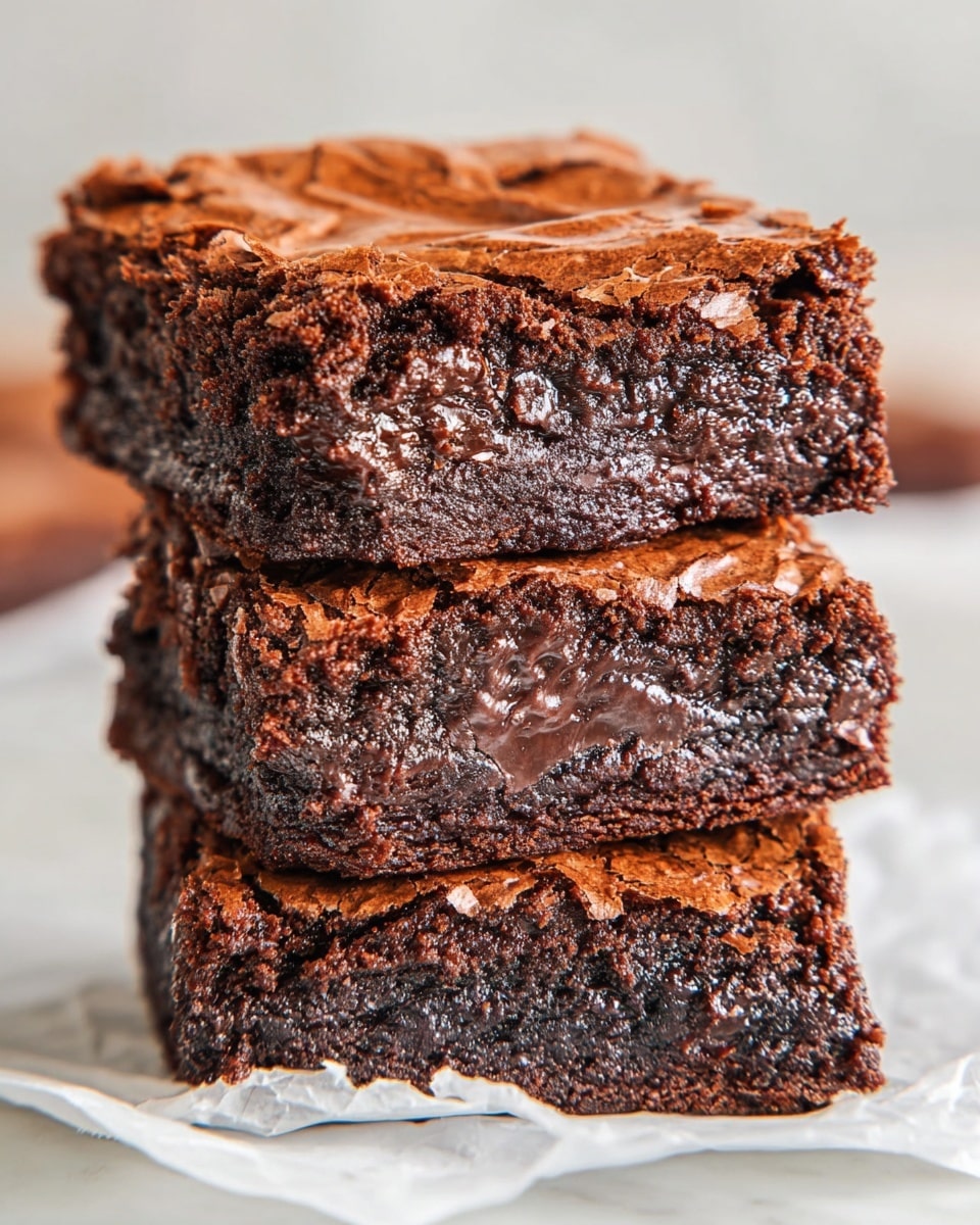 A close-up image shows a stack of three thick chocolate brownies on a crumpled white paper with a white marbled background. Each brownie layer has a rich dark brown color with a moist and fudgy texture inside, while the top layer of each brownie has a shiny, cracked, and thin crust in a lighter brown shade. The brownies are unevenly stacked, highlighting their dense and chewy interior with a slightly crumbly edge. Photo taken with an iphone --ar 4:5 --v 7
