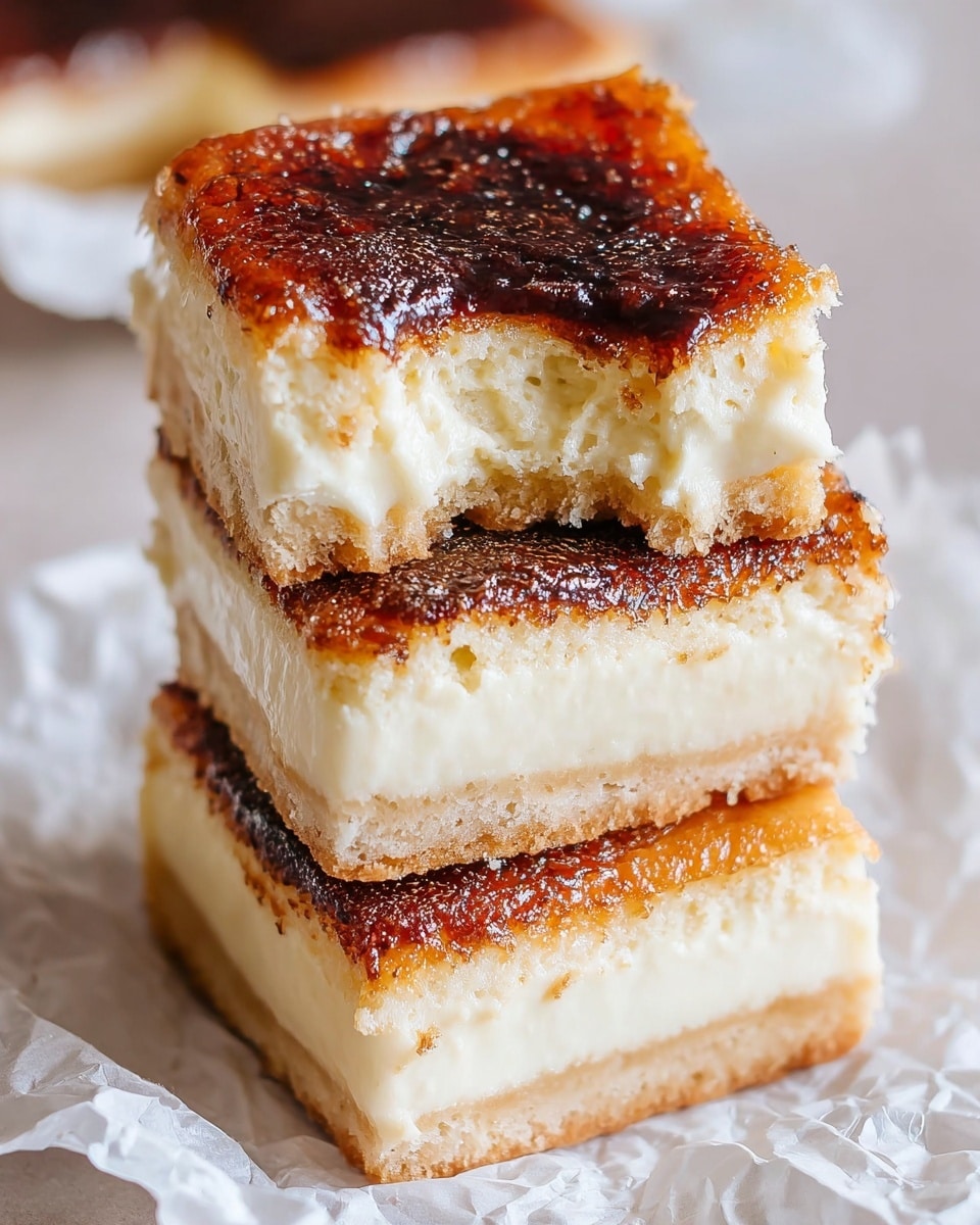 A stack of three square pieces of dessert sits on white parchment paper over a white marbled surface, each piece showing three visible layers: a light golden-brown crust at the bottom, a thick creamy white middle filling, and a darker caramelized top layer with a glossy shine and slightly crispy texture. The top piece has a bite taken out, revealing the soft and fluffy creamy layer inside, while the edges of each piece display a light crumbly texture. photo taken with an iphone --ar 4:5 --v 7