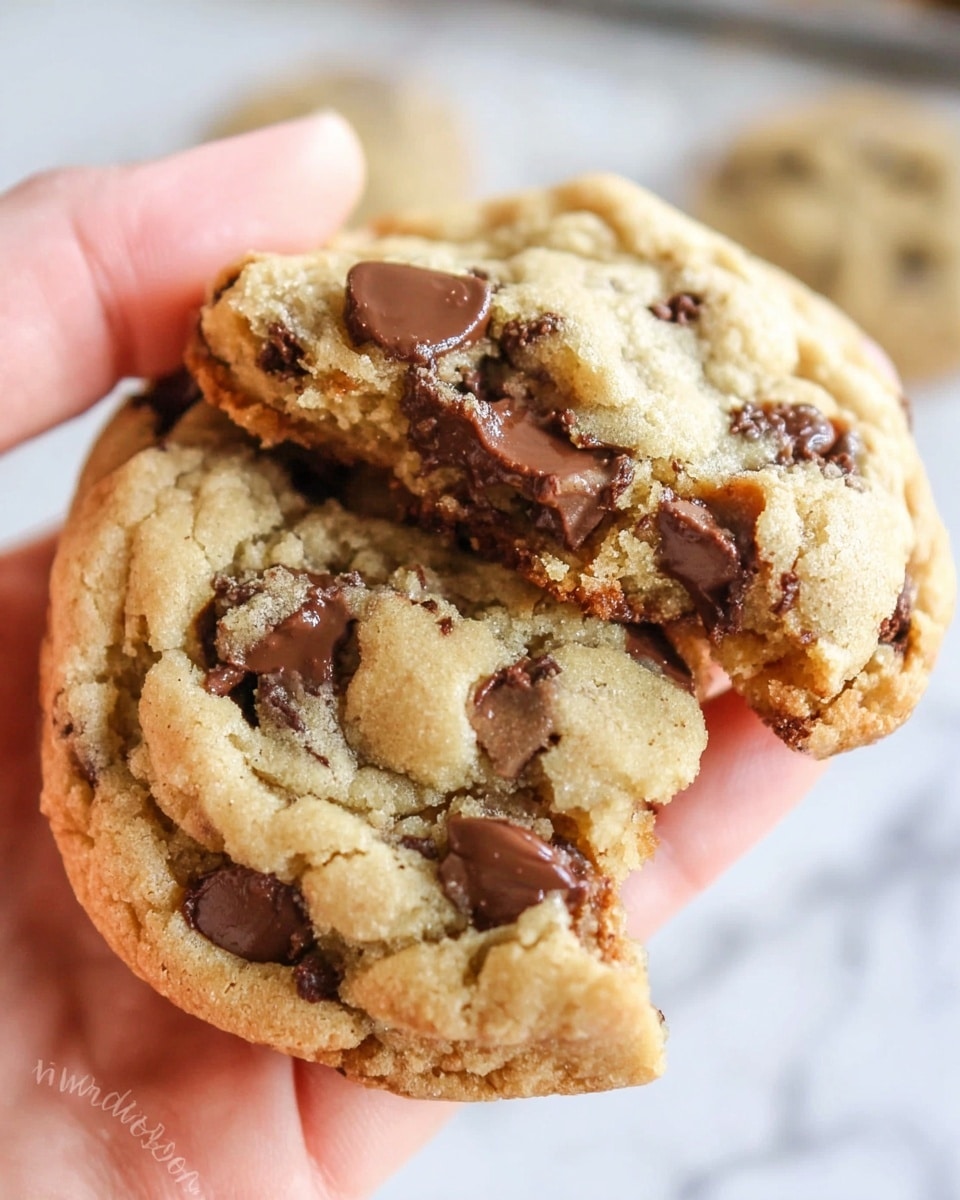 A close-up image shows a soft, chunky chocolate chip cookie with a golden-brown color and a slightly cracked texture. Large chocolate chips are visible embedded across the surface, some melted, adding a glossy dark brown contrast against the cookie’s light, sandy surface. A woman's hand is gently holding the cookie near the bottom left corner, with the cookie having a bite taken out from the right side, revealing its soft inside. The background has a white marbled texture with faint shadows, and more cookies can be seen blurred in the background. photo taken with an iphone --ar 4:5 --v 7