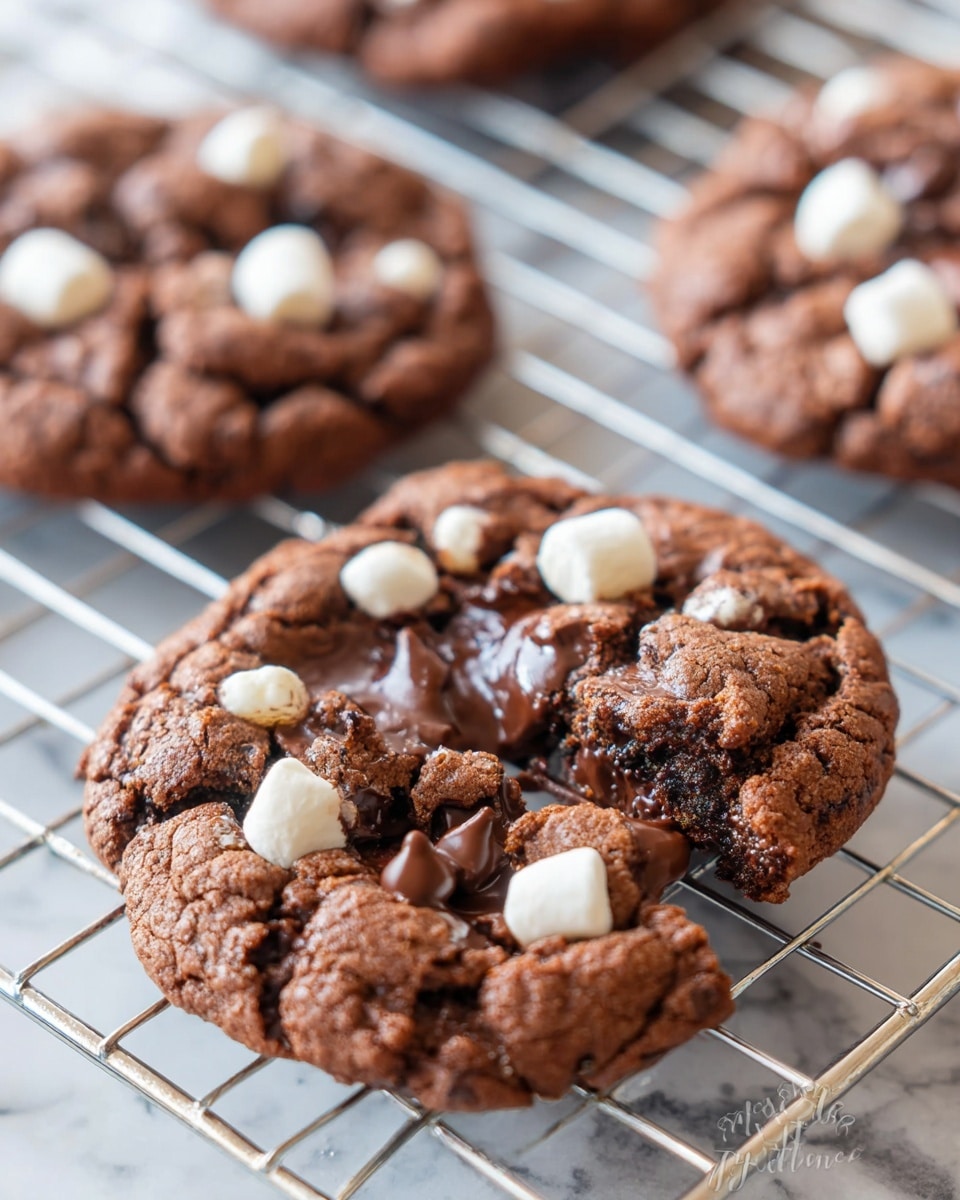 The image shows a close-up of a soft, warm chocolate cookie broken in half on a metal cooling rack over a white marbled texture. The cookie has a rich dark brown color with a rough, slightly cracked surface and melted chocolate chips embedded throughout. Small white marshmallows are scattered on top, some slightly toasted, adding texture and contrast. The gooey chocolate from the inside stretches slightly between the halves, showing a moist and melty center. In the background, there are other whole cookies out of focus. photo taken with an iphone --ar 4:5 --v 7