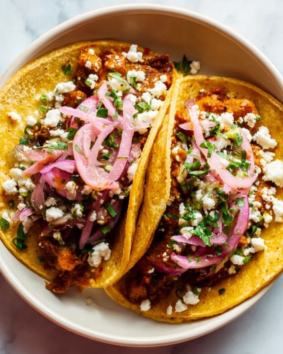 Two soft yellow corn tacos filled with a reddish-brown cooked meat layer at the bottom, topped with white crumbled cheese, thin pink pickled onion rings, and small green chopped herbs. The tacos are arranged side by side in a white bowl, set on a white marbled surface. The texture of the meat looks slightly crispy and juicy, while the onions and herbs add a fresh contrast. Photo taken with an iphone --ar 4:5 --v 7