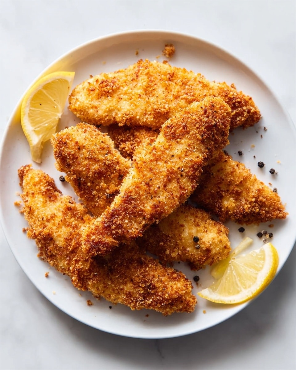 The image shows a white plate on a white marbled texture, holding five pieces of golden brown crispy fried chicken tenders arranged slightly overlapping. The breading looks crunchy and textured with small crumbs, covering each piece evenly. On the plate, two lemon wedges with bright yellow skin and pale yellow pulp sit on opposite sides of the chicken, adding a fresh contrast. The lighting makes the crispy surface shine subtly, highlighting the crunchy details. Photo taken with an iphone --ar 4:5 --v 7