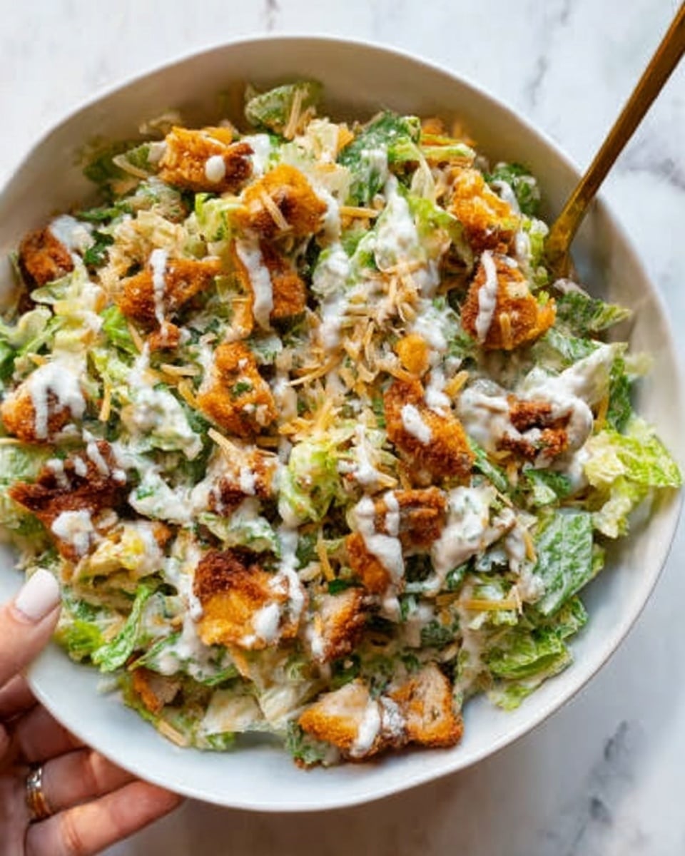 A white bowl filled with a mixed salad that has shredded green lettuce as the base, topped with pieces of crispy golden-brown chicken scattered throughout, and drizzled with a smooth white dressing. There are also small bits of light-colored shredded cheese and some fresh herbs adding texture and color contrast. A woman's hand is gently holding the edge of the bowl on the right side. The background is a white marbled surface. photo taken with an iphone --ar 4:5 --v 7
