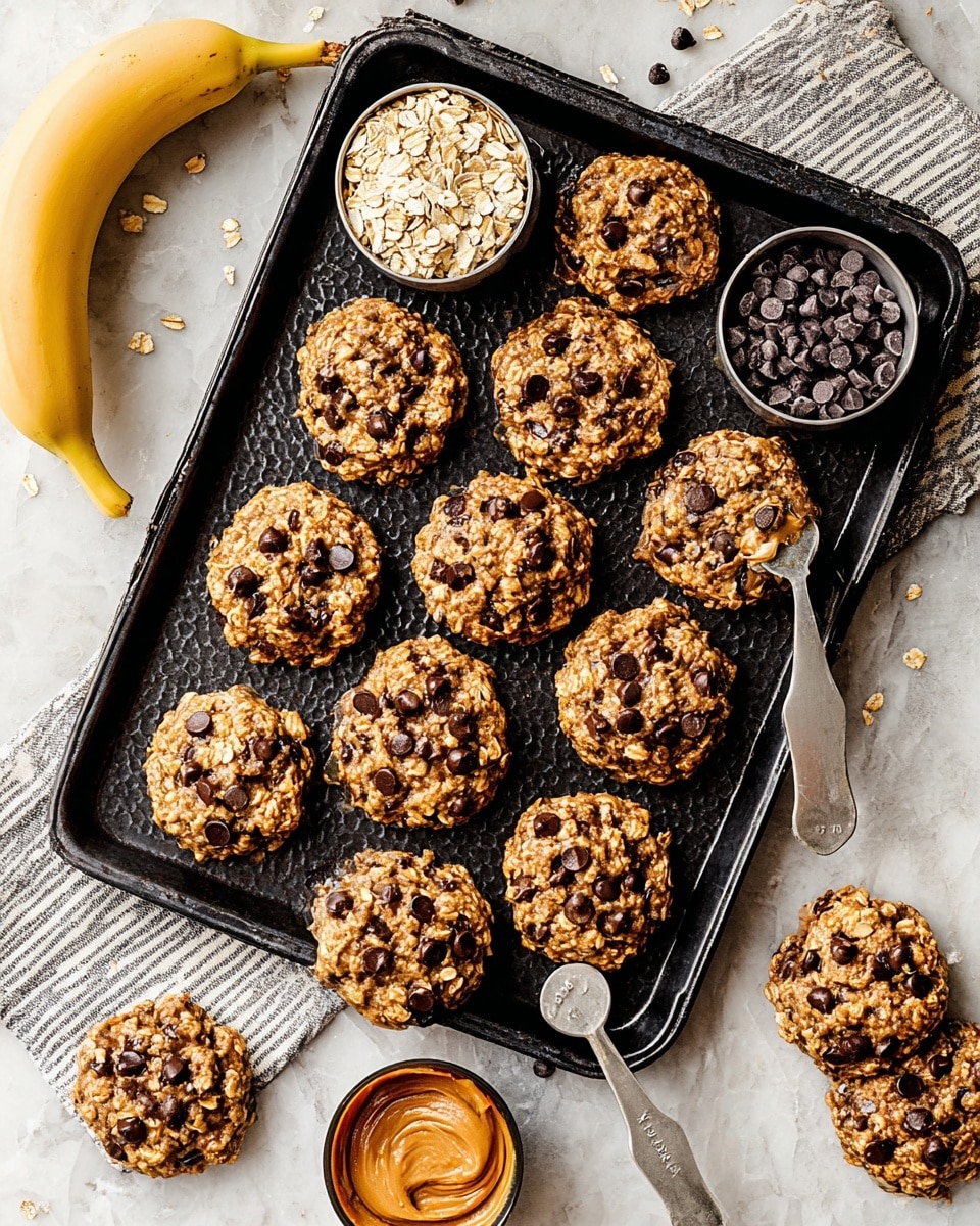 A black baking tray filled with about 15 thick oatmeal chocolate chip cookies stacked and spread across it; the cookies have a rough texture with visible oats and shiny dark chocolate chips scattered on top, some sprinkled lightly with sea salt. On the tray, there are two small silver measuring cups, one filled with rolled oats and the other with chocolate chips. Outside the tray on a white marbled surface sit a couple more cookies, scattered chocolate chips, a small glass bowl with almond butter, and a ripe banana, all placed near a striped kitchen towel. The overall scene is bright and warm, focusing on the wholesome, textured cookies. photo taken with an iphone --ar 4:5 --v 7