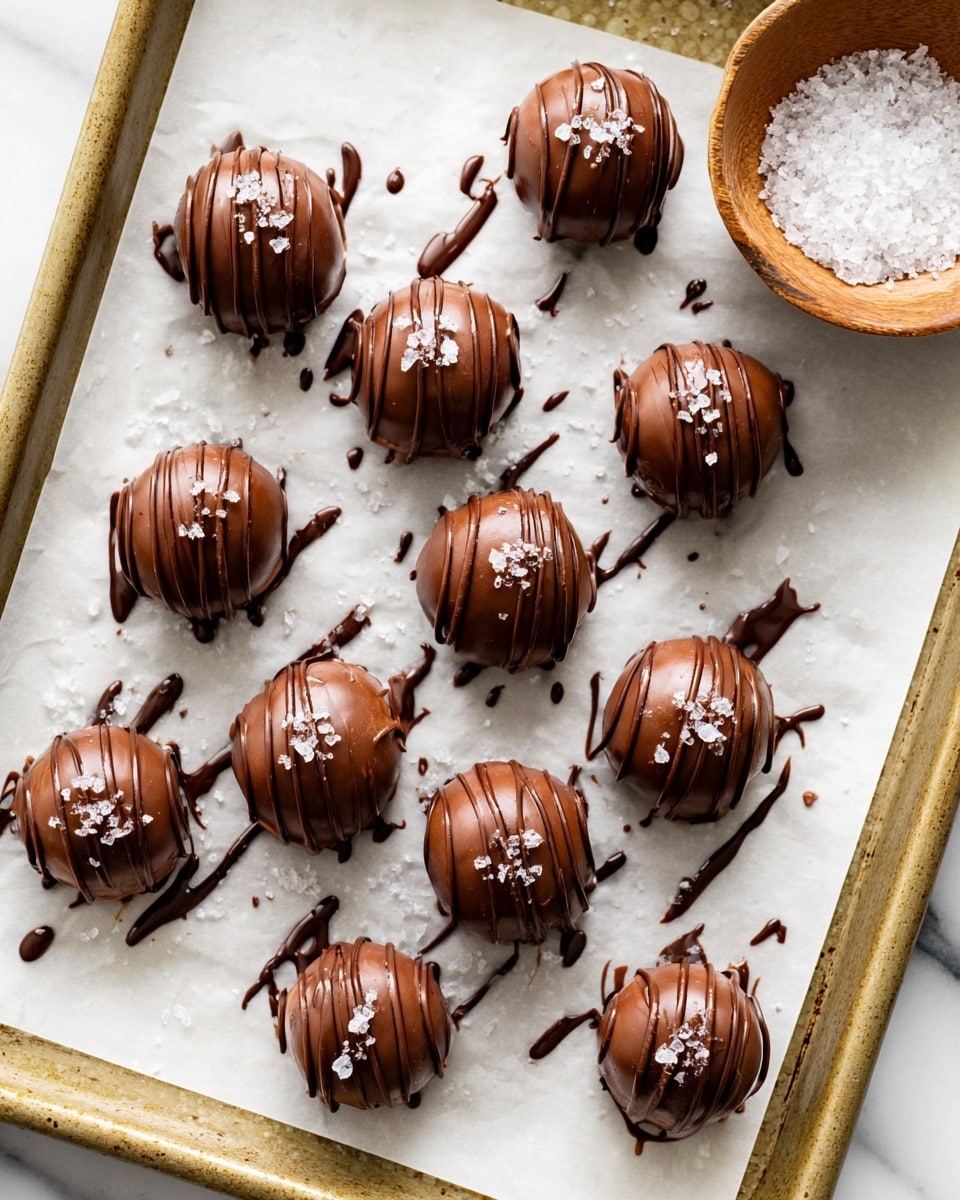 The image shows round chocolate truffles arranged neatly in rows on a white parchment paper over a gold tray. Each truffle is covered smoothly with milk chocolate coated layer and decorated on top with thin dark chocolate lines drizzled in a zigzag pattern. Small white flakes of sea salt sit scattered on the surface of each truffle, adding texture and contrast. Underneath the truffles, the melted dark chocolate forms irregular lines and spots on the parchment, enhancing the rich look. A small wooden bowl filled with white sea salt is visible on the tray’s edge, set against a white marbled textured background. photo taken with an iphone --ar 4:5 --v 7