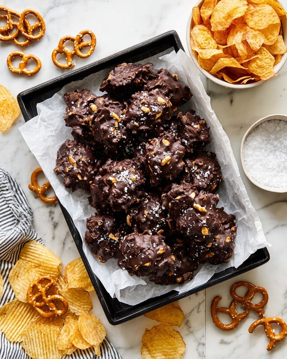 The image shows a black tray filled with a pile of dark brown chocolate clusters, each cluster made of a mix of pretzels and nuts coated in thick, smooth chocolate with a few crystals of coarse salt sprinkled on top. The clusters vary in shape and size, with pretzel twists and nut pieces visibly peeking through the chocolate. The tray is lined with crumpled white parchment paper, and around the tray on a white marbled surface are scattered potato chips, pretzels, and a small white bowl of salt. The overall setting has a cozy and casual feel. photo taken with an iphone --ar 4:5 --v 7