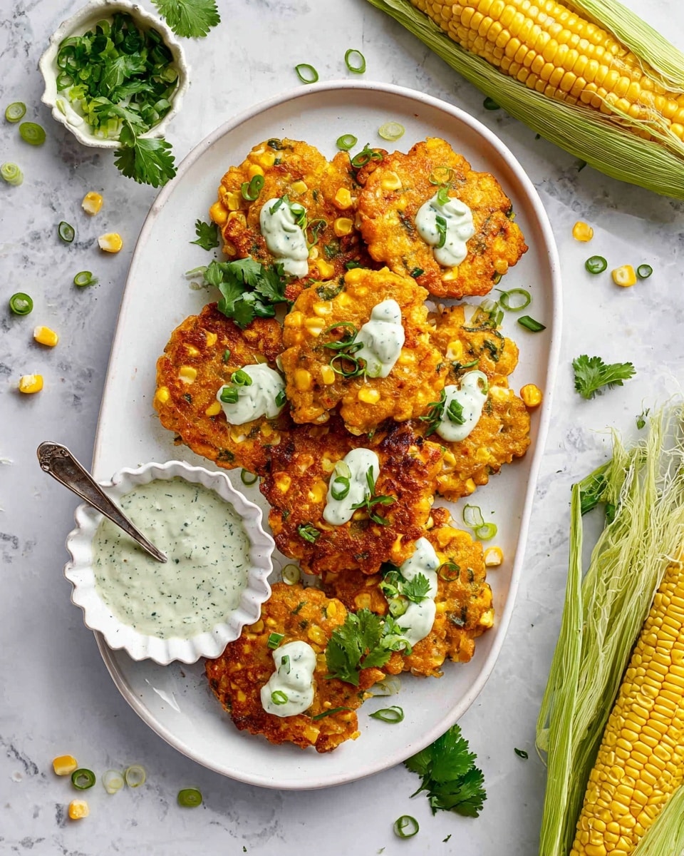 A white oval plate holds seven golden brown corn fritters arranged in a scattered pile. Each fritter is textured with visible corn kernels and small green herbs mixed in, crisped to a light orange color. Dollops of creamy white sauce with black pepper specks are placed on several fritters. Green sliced scallions and sprigs of cilantro garnish the fritters, adding bright green accents. Next to the plate, a small white scalloped bowl contains more of the same sauce, with a silver spoon resting inside. Surrounding the plate, sliced scallions, cilantro leaves, and corn kernels are scattered over the white marbled surface, with two ears of bright yellow corn placed to the right. The scene is softly lit and casual. photo taken with an iphone --ar 4:5 --v 7