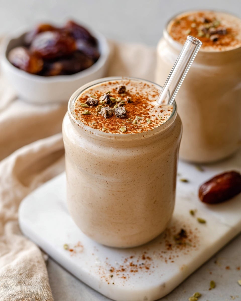A creamy beige smoothie fills a curvy clear glass, topped with small dark brown pieces and a dusting of cinnamon powder that adds texture and color contrast on the smooth surface. A clear glass straw is placed inside the smoothie on the right side, angled outward. In the background, a second glass with the same smoothie is slightly blurry, with a small white bowl of dark brown dates beside it. The setting is on a white marbled surface with a few scattered pieces and a warm beige cloth in the background. photo taken with an iphone --ar 4:5 --v 7