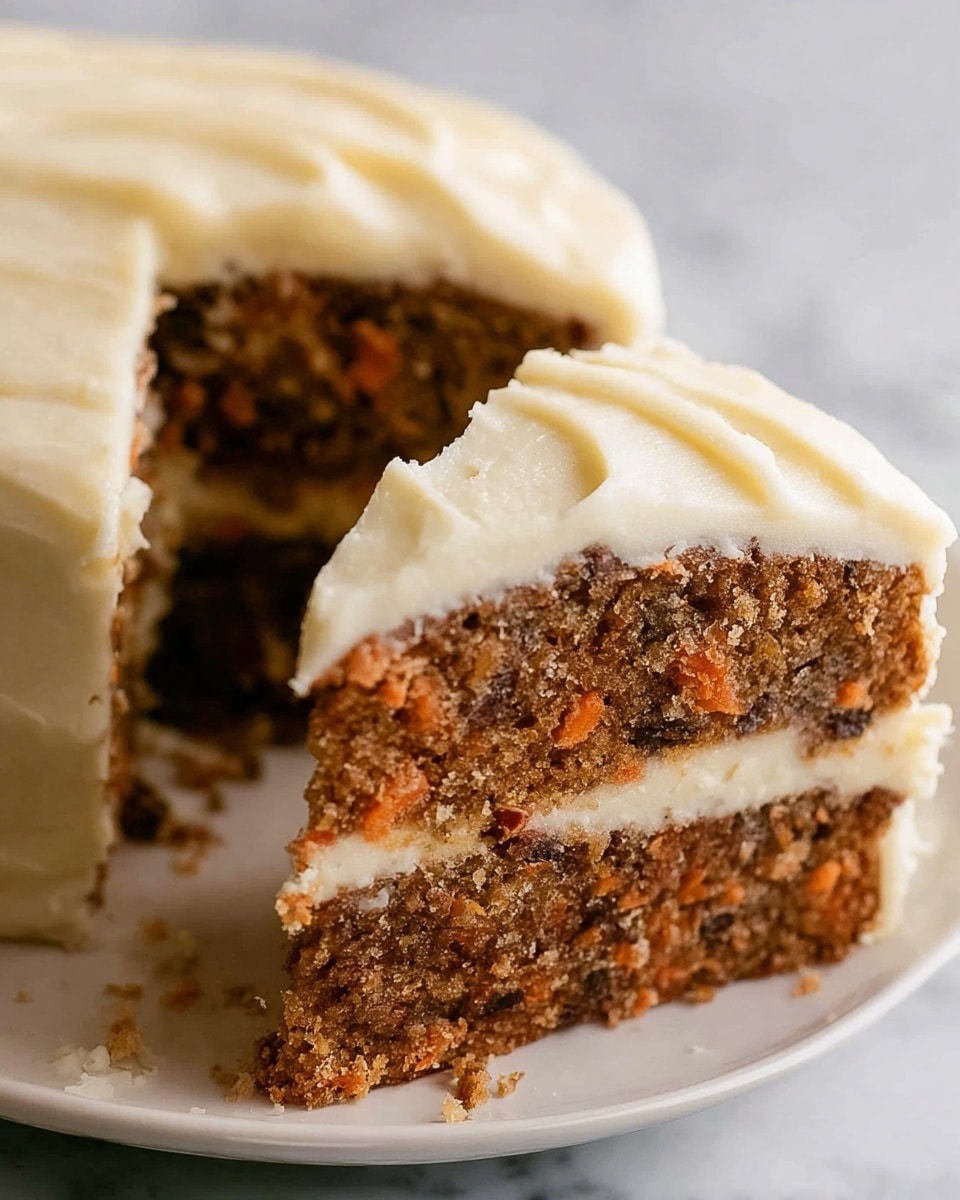 A close-up of a two-layer carrot cake slice on a white plate, showing the brown cake layers mixed with small orange carrot bits and dark raisins, separated and covered by thick, smooth, creamy off-white frosting; the frosting evenly coats the top and sides of the cake, with slight texture marks visible, and a small crumb and carrot piece resting on the plate beside the cake. Photo taken with an iphone --ar 4:5 --v 7