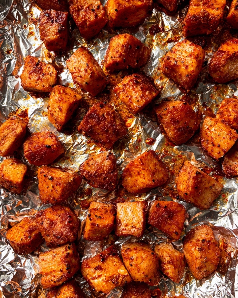 Multiple small, golden-brown cubes of cooked chicken are spread out in a single layer on a crinkled sheet of shiny aluminum foil. The chicken pieces have a slightly crispy, darkened surface with visible grill marks and spices, giving them a textured, flavorful look. The foil underneath is wrinkled and reflects light, creating bright silver highlights and pockets of darker, caramelized stains from cooking. The overall scene is close-up, filling the frame with the rich colors and texture contrasts of the cooked chicken and foil. Photo taken with an iphone --ar 4:5 --v 7