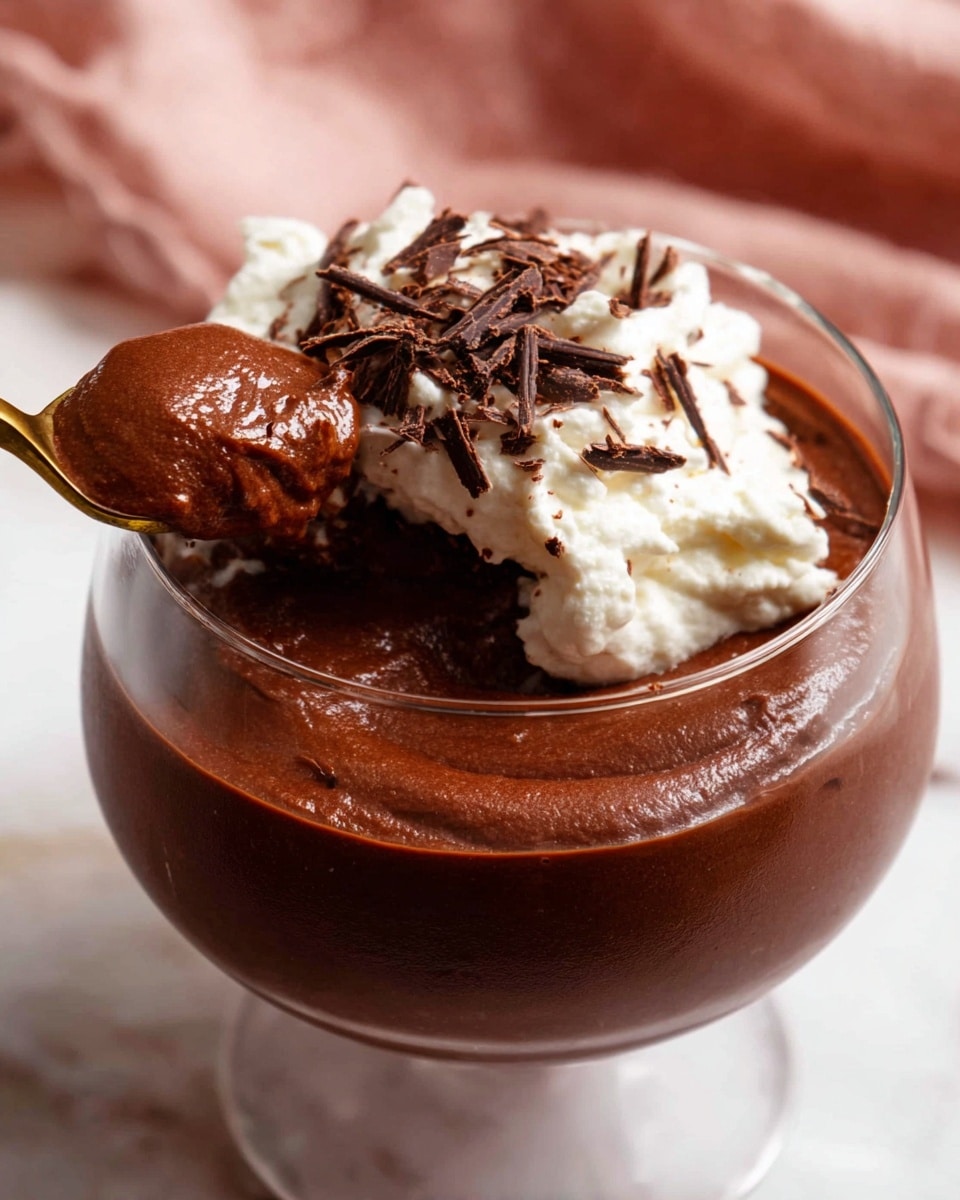 This image shows a clear glass filled with a rich, smooth chocolate mousse as the bottom and main layer, dark brown with a creamy, glossy texture. On top of the mousse is a generous dollop of white whipped cream with soft peaks. Small dark brown chocolate shavings are sprinkled over the whipped cream for decoration and contrast. A gold-colored spoon is scooping up some of the chocolate mousse, highlighting its thick, creamy consistency. The glass sits on a white marbled surface. photo taken with an iphone --ar 4:5 --v 7