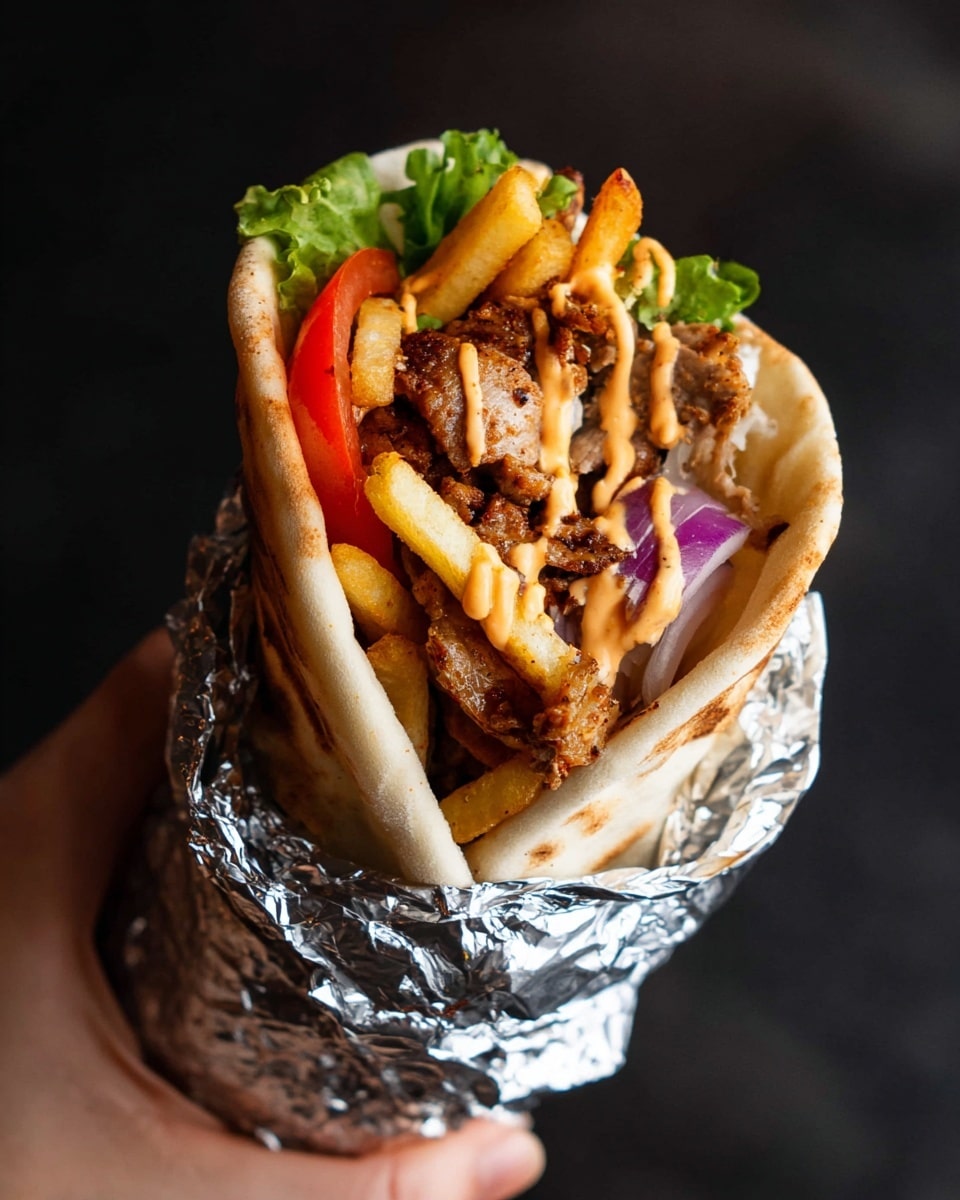 A close-up of a gyro wrapped in a soft, slightly browned pita bread, held by a woman's hand wrapped in crinkled silver foil from the bottom. Inside, layers include green lettuce and a slice of red tomato on one side, grilled brown meat pieces on top, golden crispy fries in the middle, small pieces of light purple onion scattered, all drizzled with creamy beige sauce that coats the filling richly. The background is a soft dark shade, and the focus is sharp on the gyro's textures and colors. photo taken with an iphone --ar 4:5 --v 7