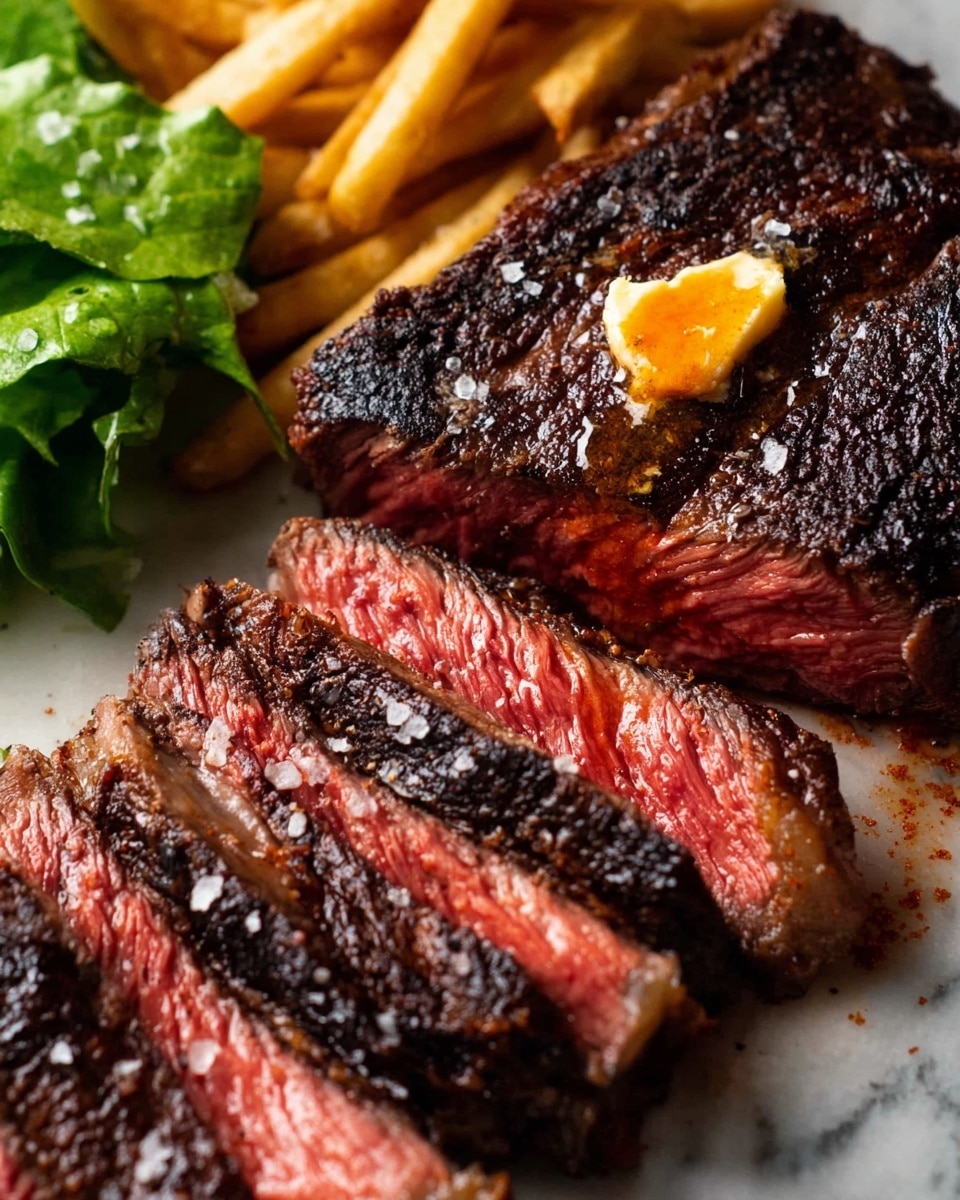 This image shows a thick steak cooked with a dark, crispy outer layer and a juicy, pink inside. The steak is partially sliced into several pieces, revealing a tender, moist texture inside. On top of the whole piece, there is a dollop of rich, orange butter melting softly. The steak rests on a wooden surface, and in the background, blurred french fries and a bit of green lettuce on a white plate are visible. Coarse salt is sprinkled over the steak's surface, adding texture. The photo taken with an iphone --ar 4:5 --v 7