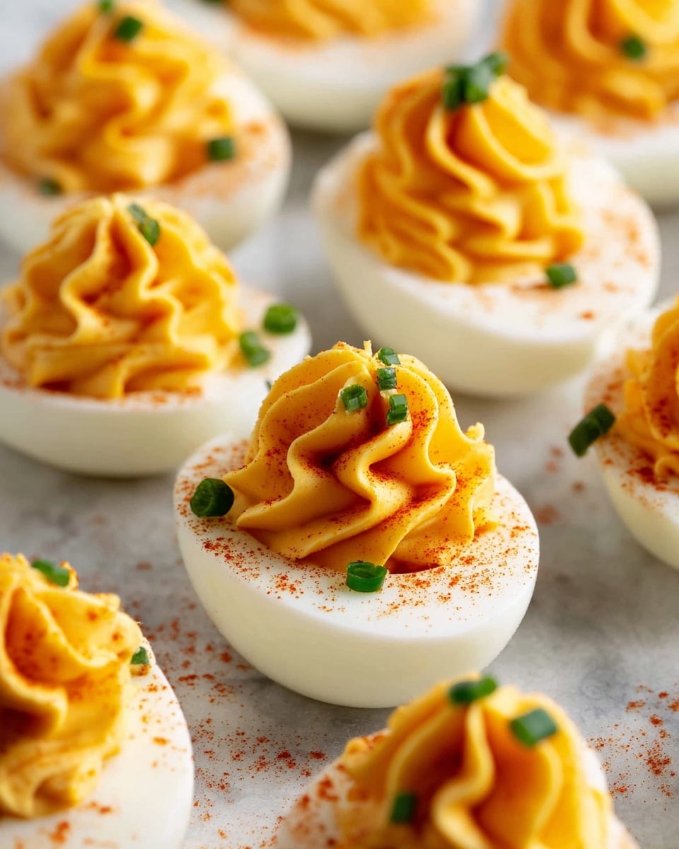 The image shows several deviled eggs arranged closely together on a white marbled surface. Each deviled egg has a smooth, white egg white base cut in half, forming the bottom layer. On top is a bright yellow-orange creamy yolk mixture piped in a decorative swirl, creating a soft, textured peak in the center of each egg half. The yolk swirl is sprinkled with small, finely chopped green chives and a light dusting of rusty red paprika, adding pops of color and texture contrast. The eggs are photographed from a close angle, focusing on the layered filling and toppings with a shallow depth of field. photo taken with an iphone --ar 4:5 --v 7