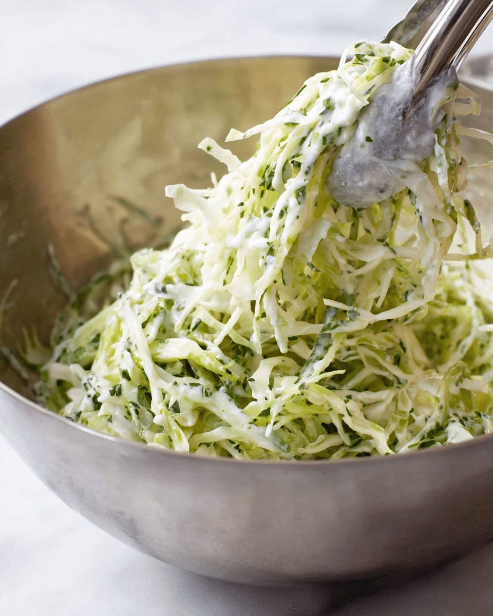 A close-up view of a large silver metal bowl filled with a mix of thin, shredded pale green cabbage and bits of fresh green herbs, coated in a creamy white dressing that clings to the strands. A silver spatula is lifting a clump of the cabbage salad above the bowl, showing the light, moist texture and small white seeds or grains scattered throughout. The bowl sits on a white marbled surface, with a soft, neutral background. photo taken with an iphone --ar 4:5 --v 7