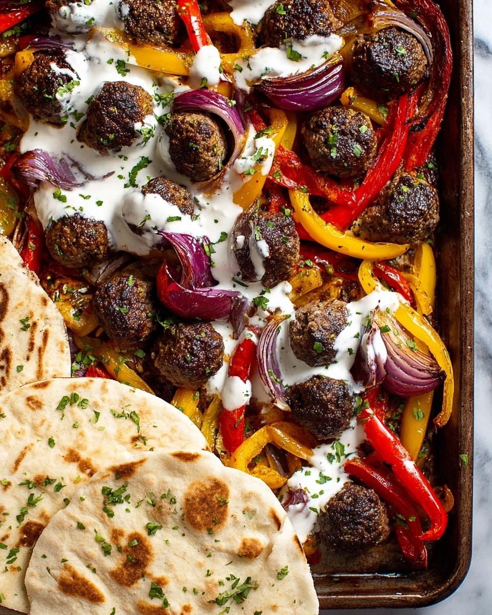 The image shows a pan with a colorful dish of grilled vegetables and meatballs. The bottom layer consists of slices of red, yellow, and orange bell peppers with pieces of red onion, all slightly charred and glossy with oil. On top lie dark brown, round meatballs covered with spots of white creamy sauce, sprinkled with chopped green herbs. On the left side, there are three folded pieces of pita bread lightly toasted with some green herb garnish. The scene is set on a white marbled surface. Photo taken with an iphone --ar 4:5 --v 7