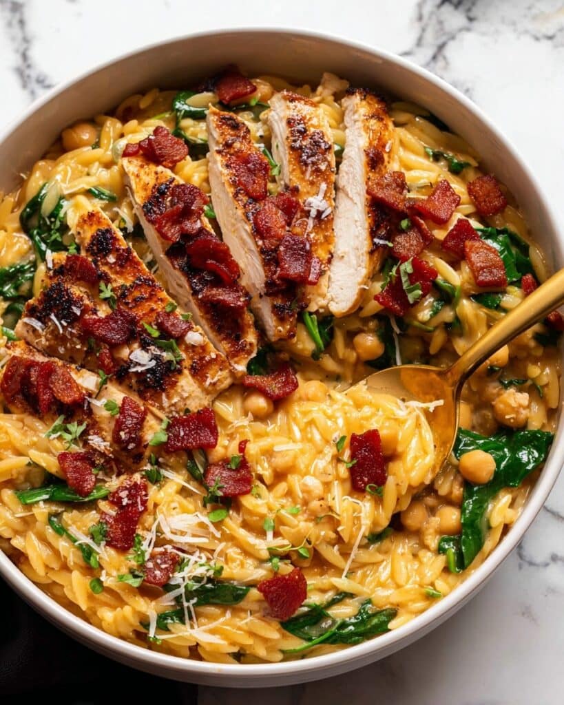 One-Pot Chicken Risoni with Crispy Salami and Spinach Recipe