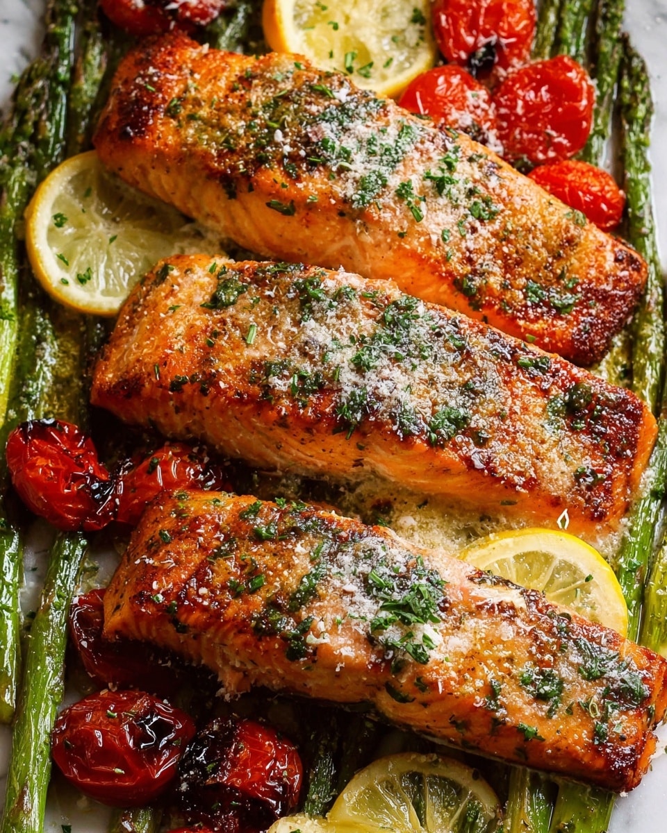 The image shows three golden-brown grilled salmon fillets with a slightly crispy texture, each topped with small green herb flakes and placed closely together. Thin, bright yellow lemon slices are layered partly under and over the salmon, adding a fresh contrast. Around the fillets, there are roasted, dark green asparagus stalks and several blistered, deep red cherry tomatoes. Some grated white cheese or seasoning is scattered on the asparagus and plate. The dish is set on a white plate that rests on a white marbled surface. Photo taken with an iphone --ar 4:5 --v 7