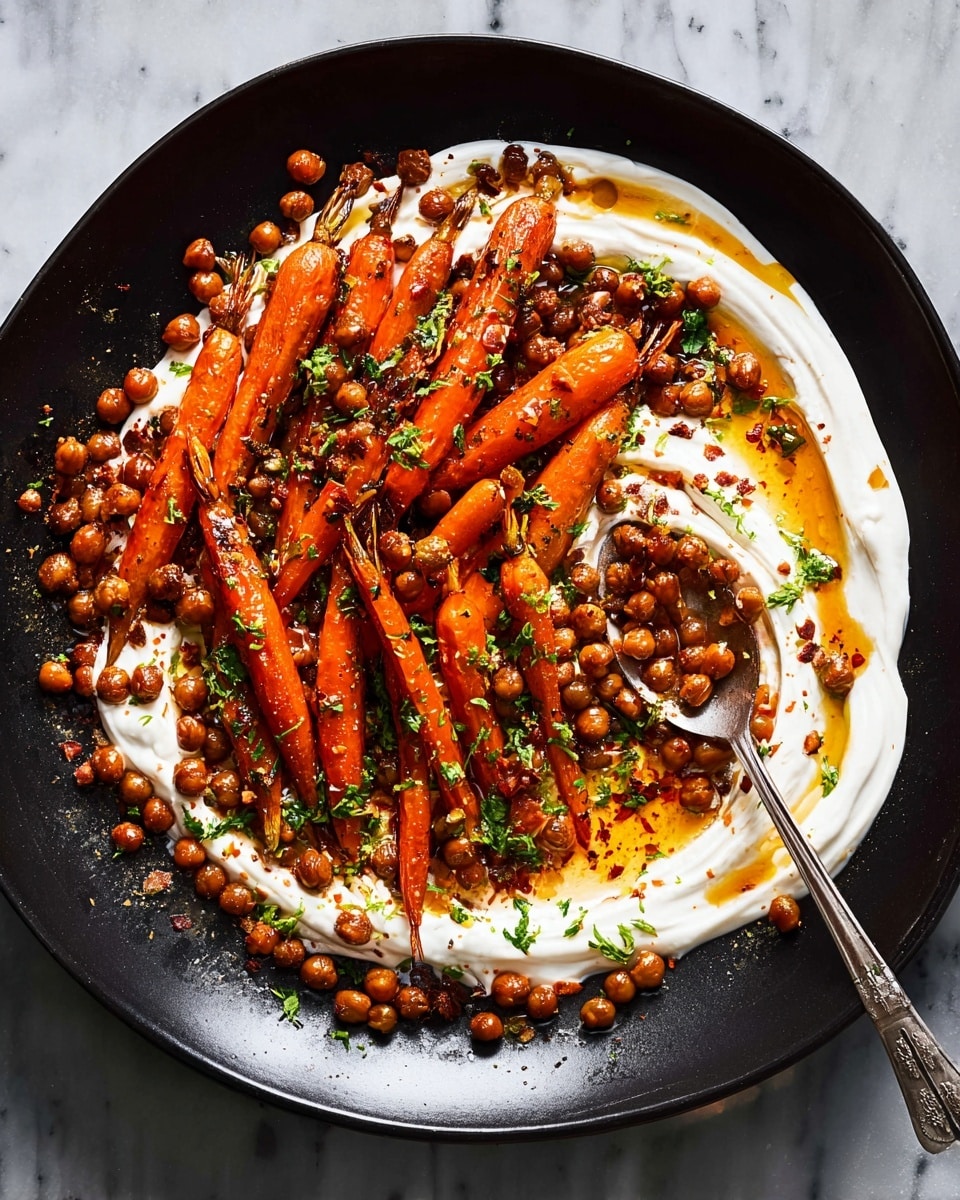 The dish is served in a large, deep white bowl and has three main layers. The bottom layer is a creamy white spread with smooth texture, covering most of the bowl's base. On top of this, there is a generous layer of small brown chickpeas scattered evenly. The top layer features whole roasted baby carrots with a shiny and slightly sticky glaze, arranged in a circular pattern over the chickpeas. There are small green herb sprinkles scattered on top, adding a touch of color. The dish also has streaks of a reddish-brown sauce drizzled over the carrots and chickpeas, giving the dish a rich and appetizing look. A spoon is partially dipped into the dish, showing the creamy base being mixed with the other layers. The photo is taken with an iphone --ar 4:5 --v 7