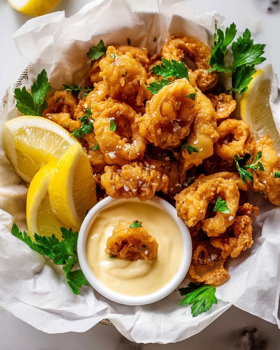 A white bowl lined with crumpled white paper holds a pile of golden-brown, crispy fried calamari rings sprinkled with coarse salt and garnished with fresh green parsley leaves, creating a rough texture contrast; on the side inside the bowl, there is a small white cup filled with creamy, pale yellow dipping sauce with one piece of calamari partly dipped in it, and next to the cup, there are two bright yellow lemon wedges resting on the white paper. The scene sits on a white marbled surface. Photo taken with an iphone --ar 4:5 --v 7