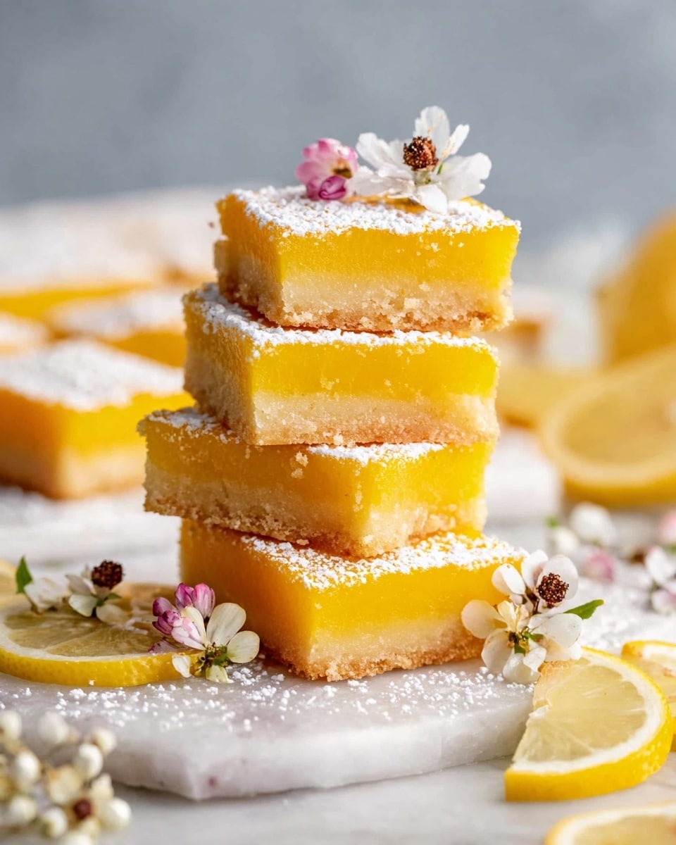 A stack of five lemon bars sits on a white marbled surface, each square showing two layers: a bright yellow, glossy lemon filling on top and a light golden, crumbly crust at the bottom, dusted with powdered sugar. The top lemon bar is decorated with small white and pink flowers with brown buds. Around the stack are more lemon bars and thin slices of lemon, with a few more of the same small flowers scattered for decoration. The background is soft and blurred in light gray tones. Photo taken with an iphone --ar 4:5 --v 7