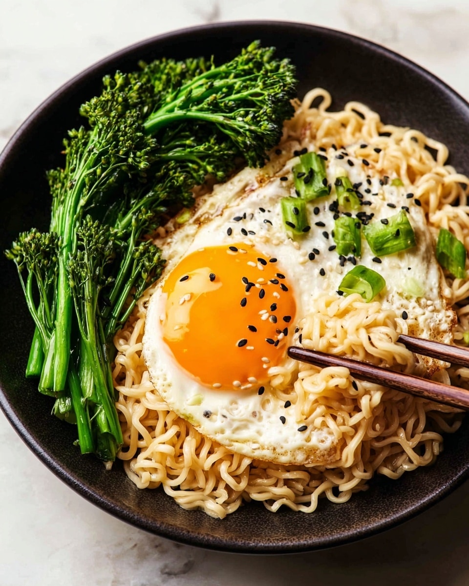A black round plate holds three main layers: at the bottom, light yellow cooked noodles mixed with small green sliced scallions, showing soft texture and slight glisten; on the right side, a pair of brown wooden chopsticks gently lifts some noodles; on the top left, a perfectly fried sunny side up egg with a bright orange runny yolk and white edged with light crispiness, sprinkled with black sesame seeds; next to the egg, vibrant green stalks of broccolini also topped with black sesame seeds, creating a fresh contrast. The plate sits on a white marbled texture, with soft natural lighting highlighting the colors and textures. photo taken with an iphone --ar 4:5 --v 7