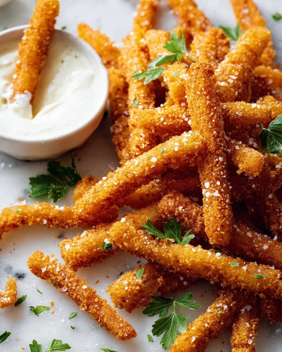 A white plate filled with several golden-brown crispy fried sticks arranged in a pile, each stick coated in crunchy breadcrumbs with a slightly rough texture, sprinkled lightly with coarse salt. Scattered green parsley leaves add a fresh touch on top of the sticks. On the left side of the plate, there is a white bowl with creamy white dipping sauce, and a pair of fried sticks dipped in the sauce. The dish is presented on a white marbled surface with some blurred greenery in the background. Photo taken with an iphone --ar 4:5 --v 7