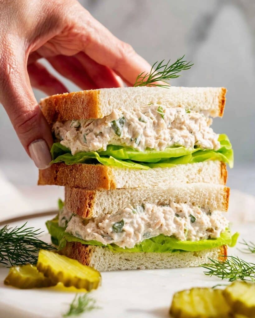 Creamy Tuna Sandwich with Dill Pickle and Fresh Herbs Recipe