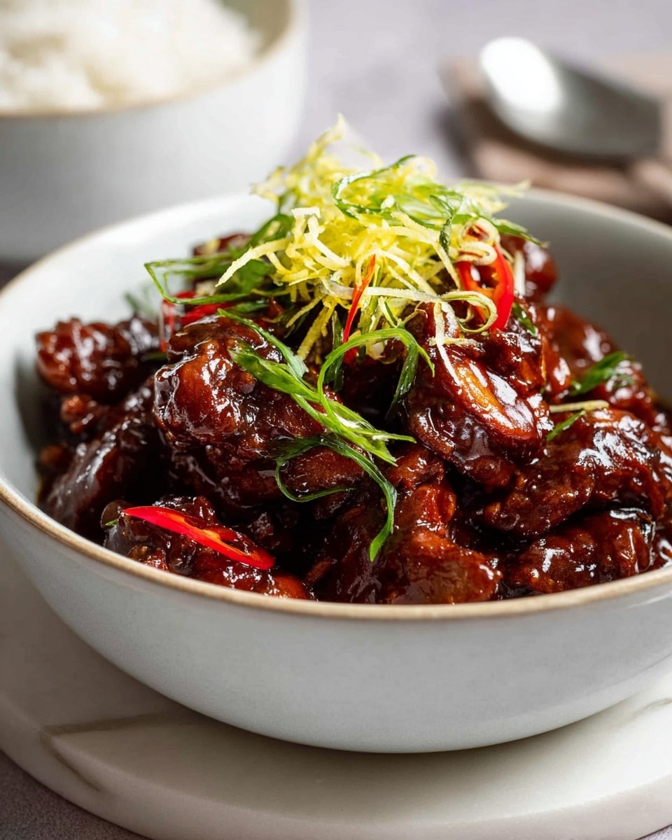 A bowl filled with glossy, dark brown chunks of meat coated in a thick, sticky sauce forms the base layer. On top of the meat, scattered thin green strips from green onions provide a fresh splash of color. The dish is garnished with light yellow thin slivers of ginger and small bright red chili pieces placed at the top center. The food sits in a white bowl, placed on a white marbled surface, with a blurred bowl of white rice visible in the background. photo taken with an iphone --ar 4:5 --v 7