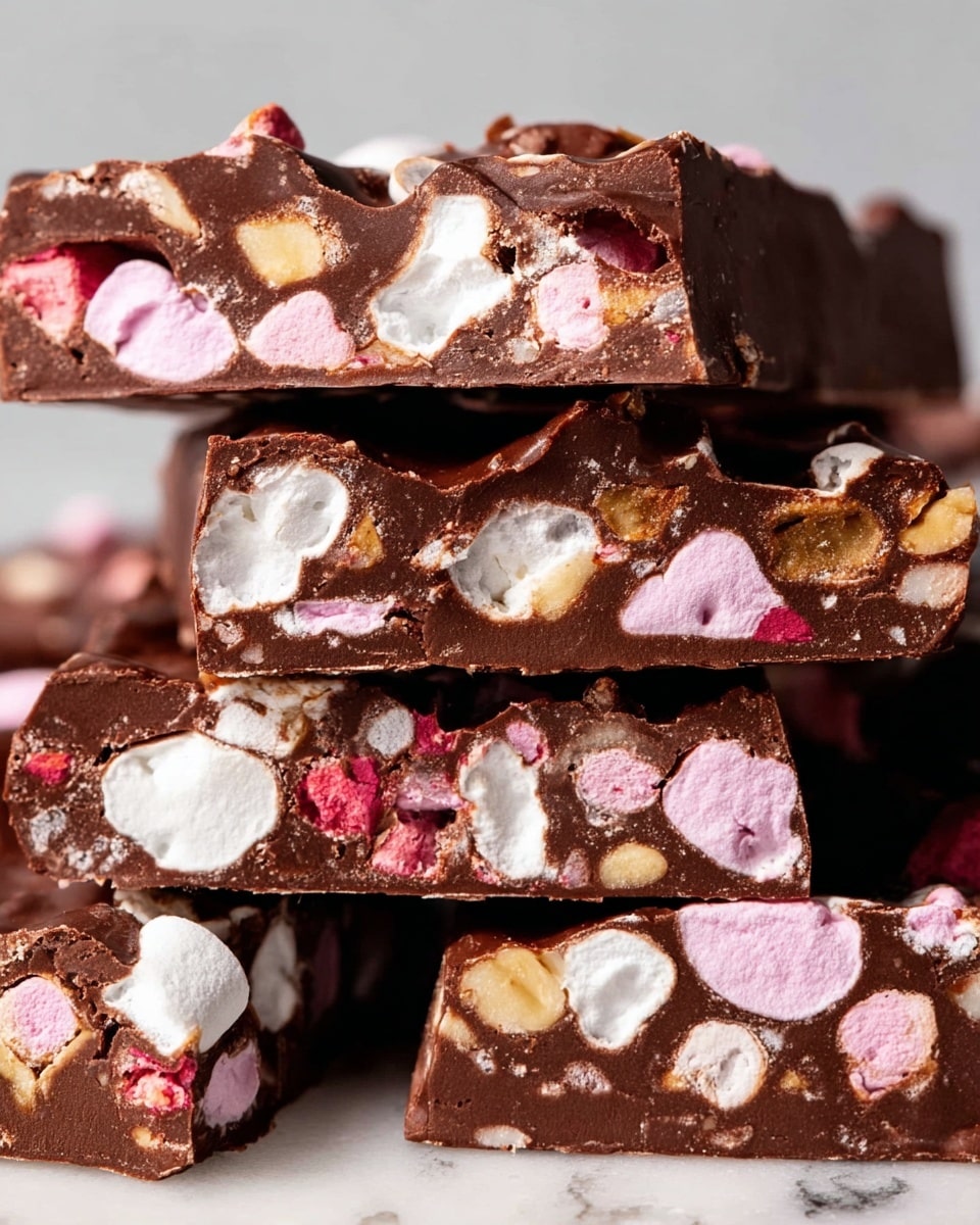 The image shows several stacked pieces of rocky road chocolate with a rich, dark brown base. Each piece is thick and chunky with visible mix-ins throughout. The mix-ins include large, irregularly shaped pink and white marshmallows, scattered light brown nut pieces, and bits of dark red jelly. The pieces have a textured, bumpy surface from the mix-ins and appear moist and dense. The background is a smooth white marbled surface. photo taken with an iphone --ar 4:5 --v 7