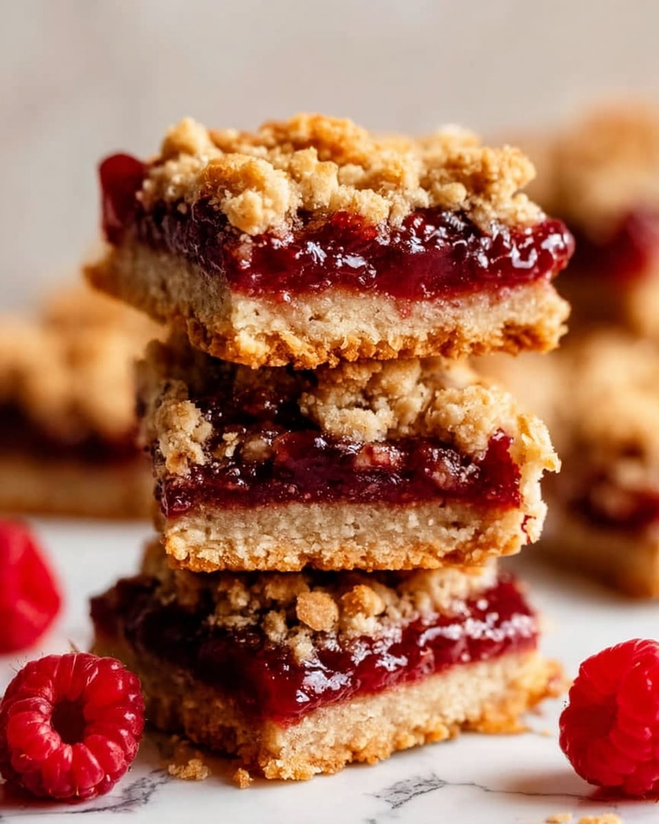 The image shows a stack of three square oat bars with three clear layers: the bottom layer is a thick, dense light golden oat crust, the middle layer is a shiny dark red jam that looks slightly sticky and glossy, and the top layer is a crumbly oat topping with golden brown baked pieces. A fresh red raspberry sits on the top bar, and a few more raspberries are placed nearby on a white marbled surface. The bars look homemade with an inviting texture and crumbly edges. Photo taken with an iphone --ar 4:5 --v 7