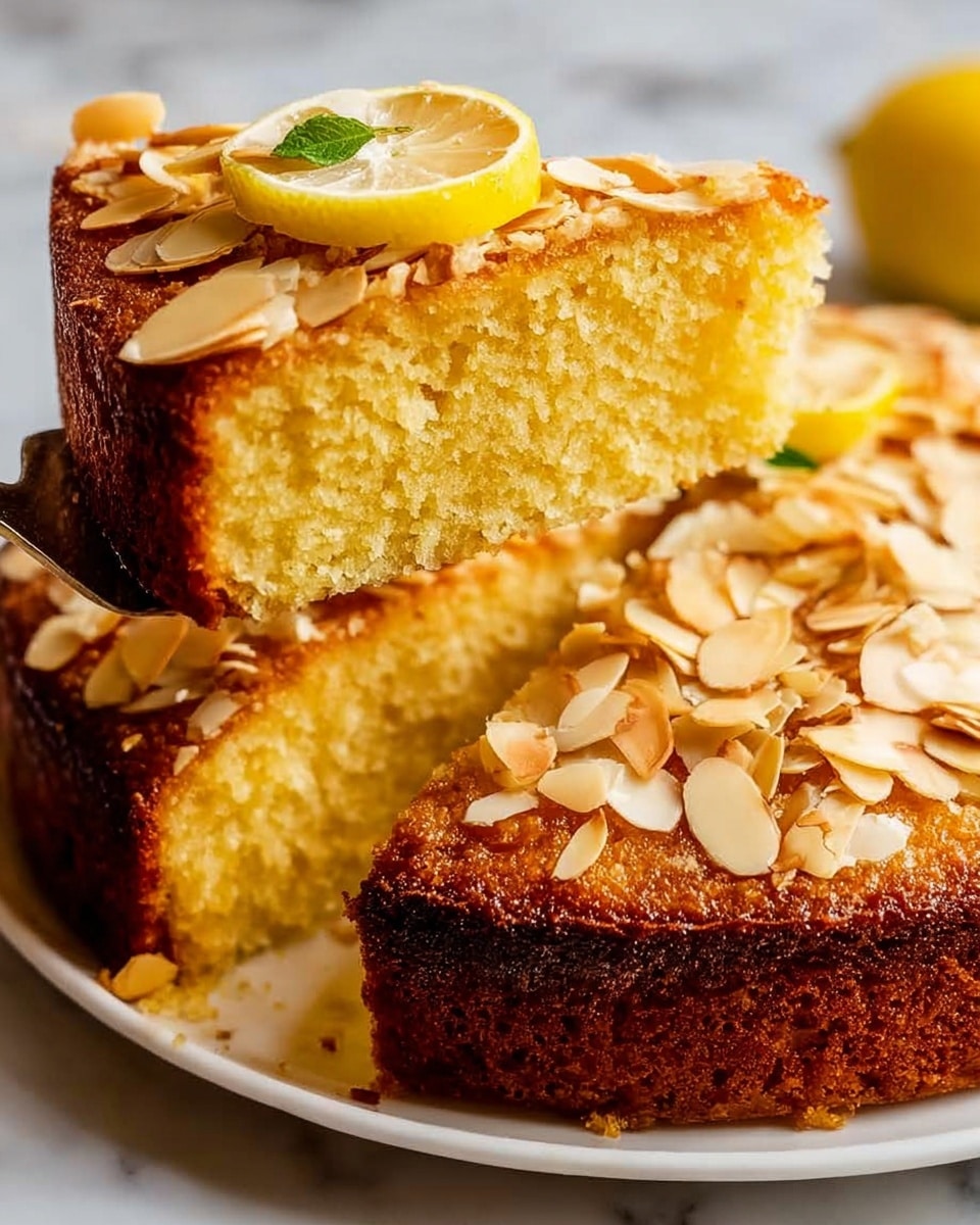 The image shows a single-layer round lemon almond cake with a golden brown crust and a moist, crumbly pale yellow inside. The top is sprinkled with toasted almond slices and a thin lemon slice rests on the cake slice held above the rest. The cake slice is lifted by a silver spatula, revealing a cut section underneath with scattered almond pieces and lemon slices on a white marbled surface. photo taken with an iphone --ar 4:5 --v 7