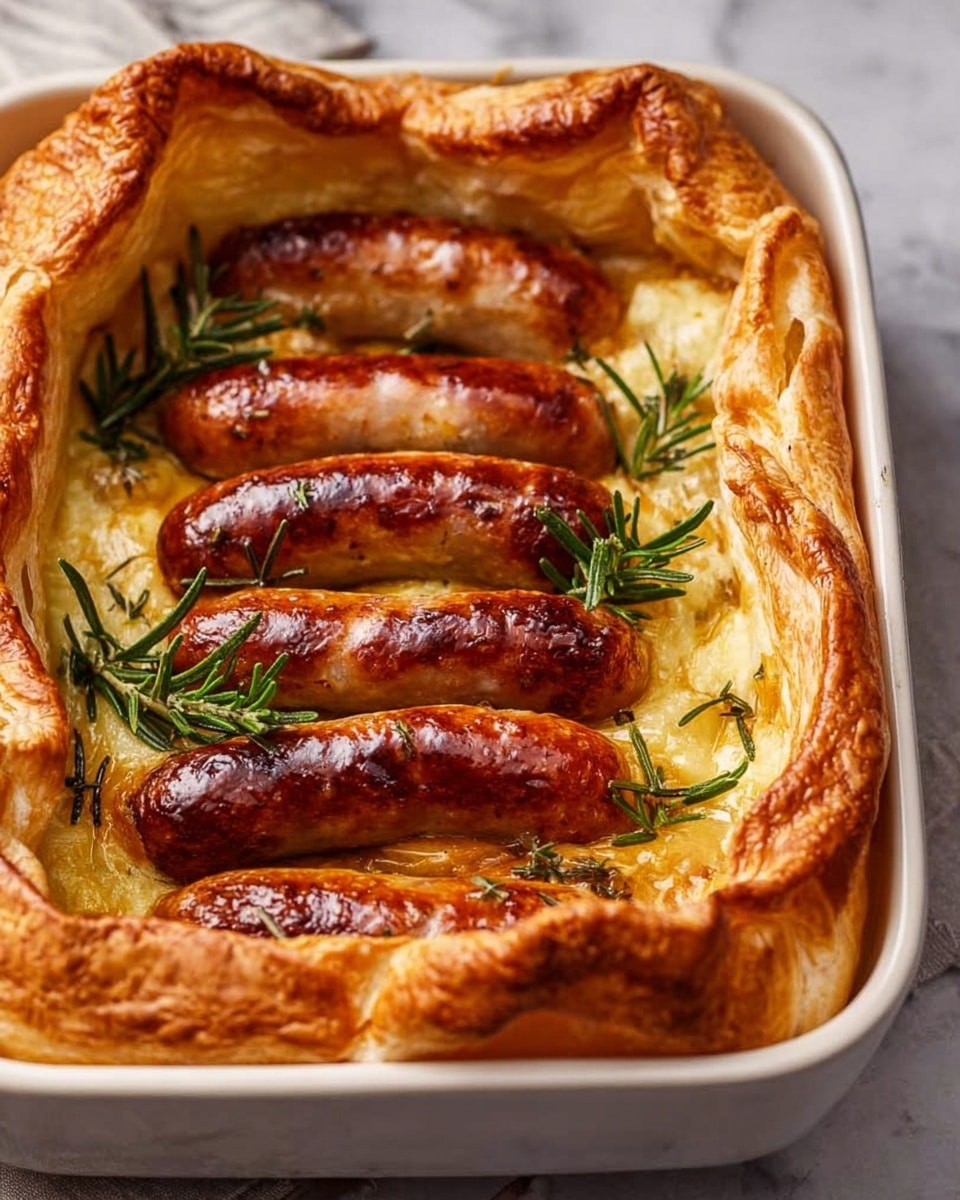 The dish shows five shiny, browned sausages placed on a light golden, puffy baked base that has a slightly crispy texture, all in a white rectangular baking dish with a thin dark blue rim. Small sprigs of fresh green rosemary are scattered over the sausages, adding a touch of color and freshness. The dish sits on a white marbled texture surface, with a glimpse of a beige cloth with fine black stripes nearby. The lighting highlights the shiny surface of the sausages and the golden edges of the baked base, making it look warm and inviting. Photo taken with an iphone --ar 4:5 --v 7